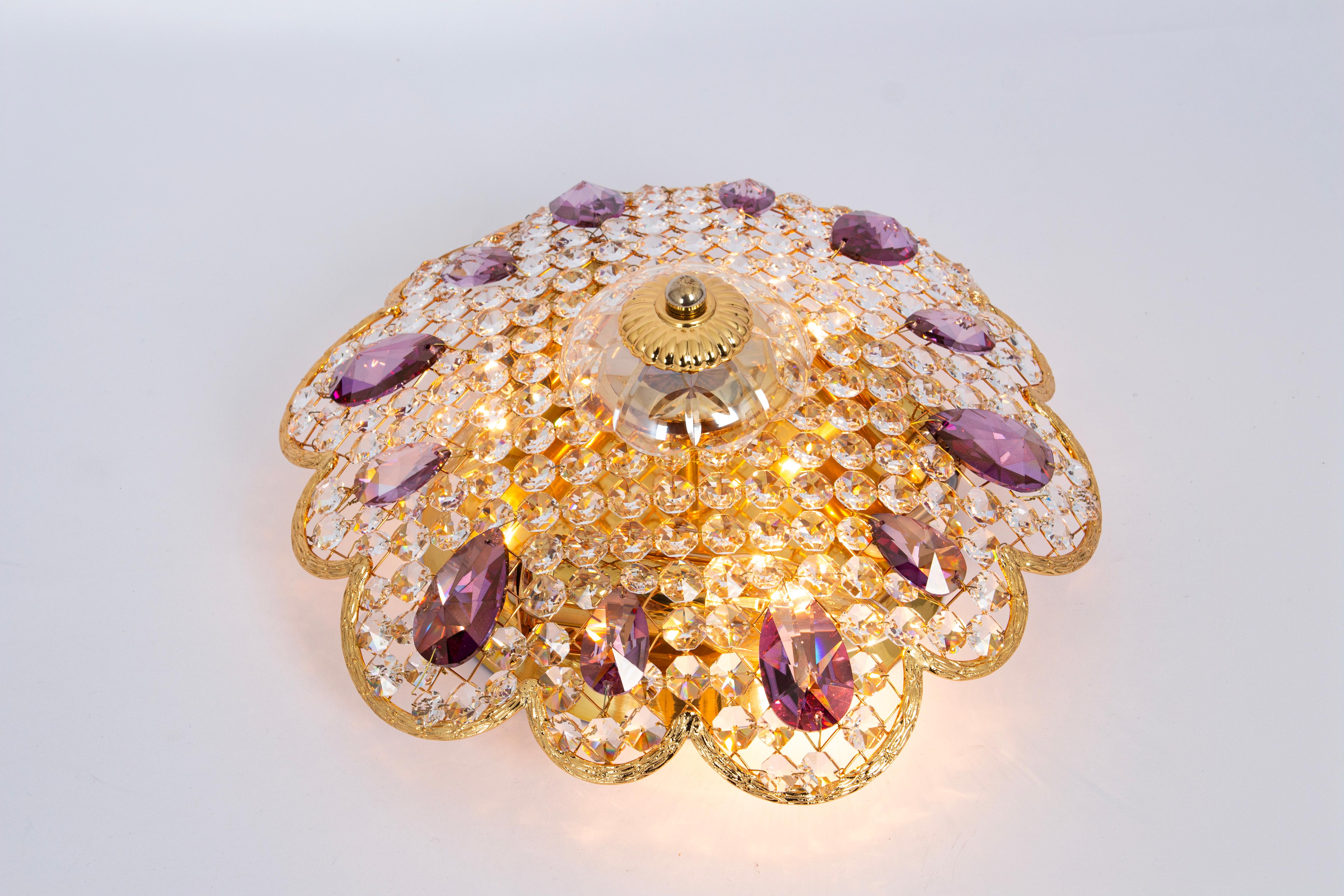 Petite Delicate Gilt Brass Cut-Glass Flower Flush Mount by Palwa, Germany, 1970s For Sale 1