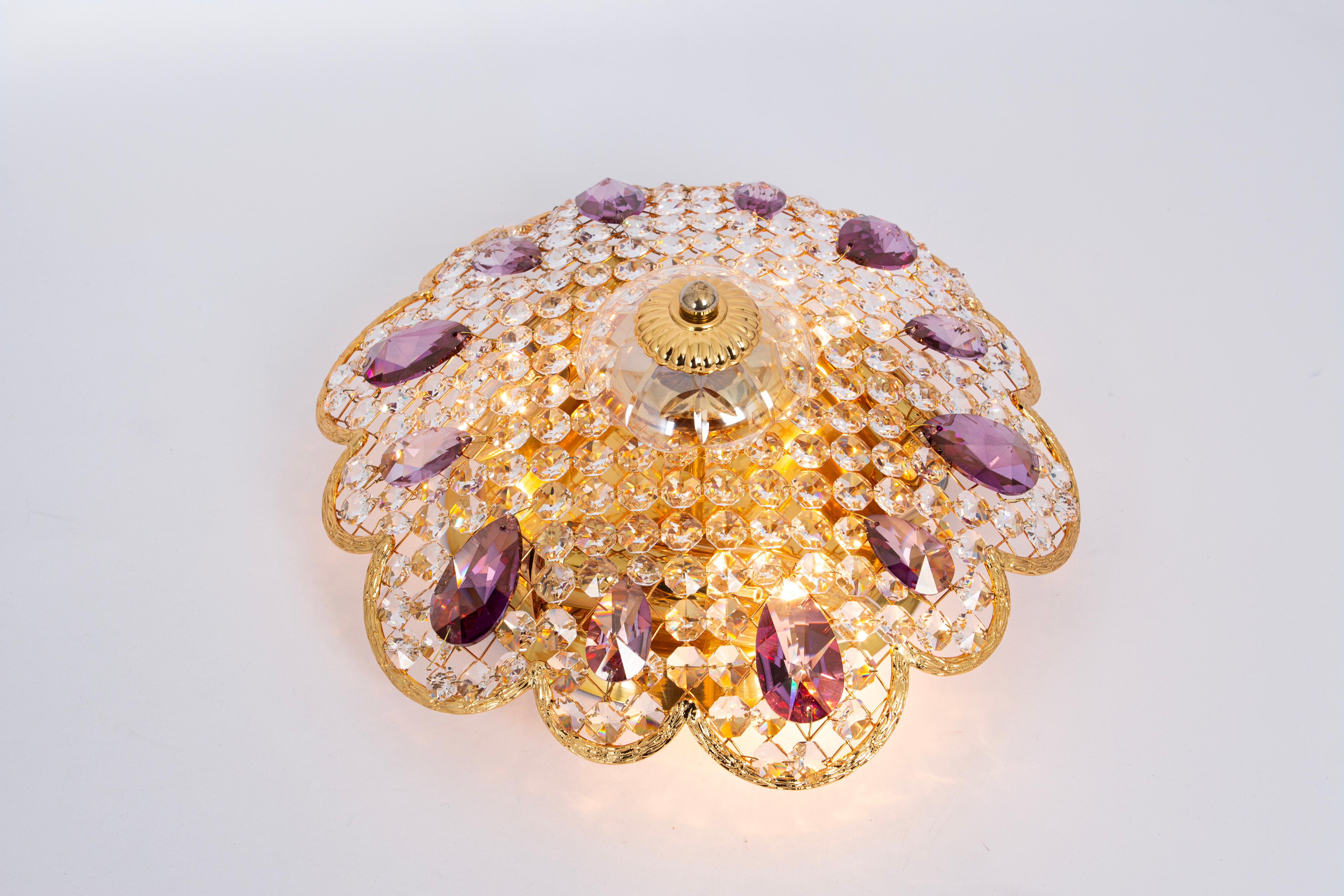 Petite Delicate Gilt Brass Cut-Glass Flower Flush Mount by Palwa, Germany, 1970s For Sale 2