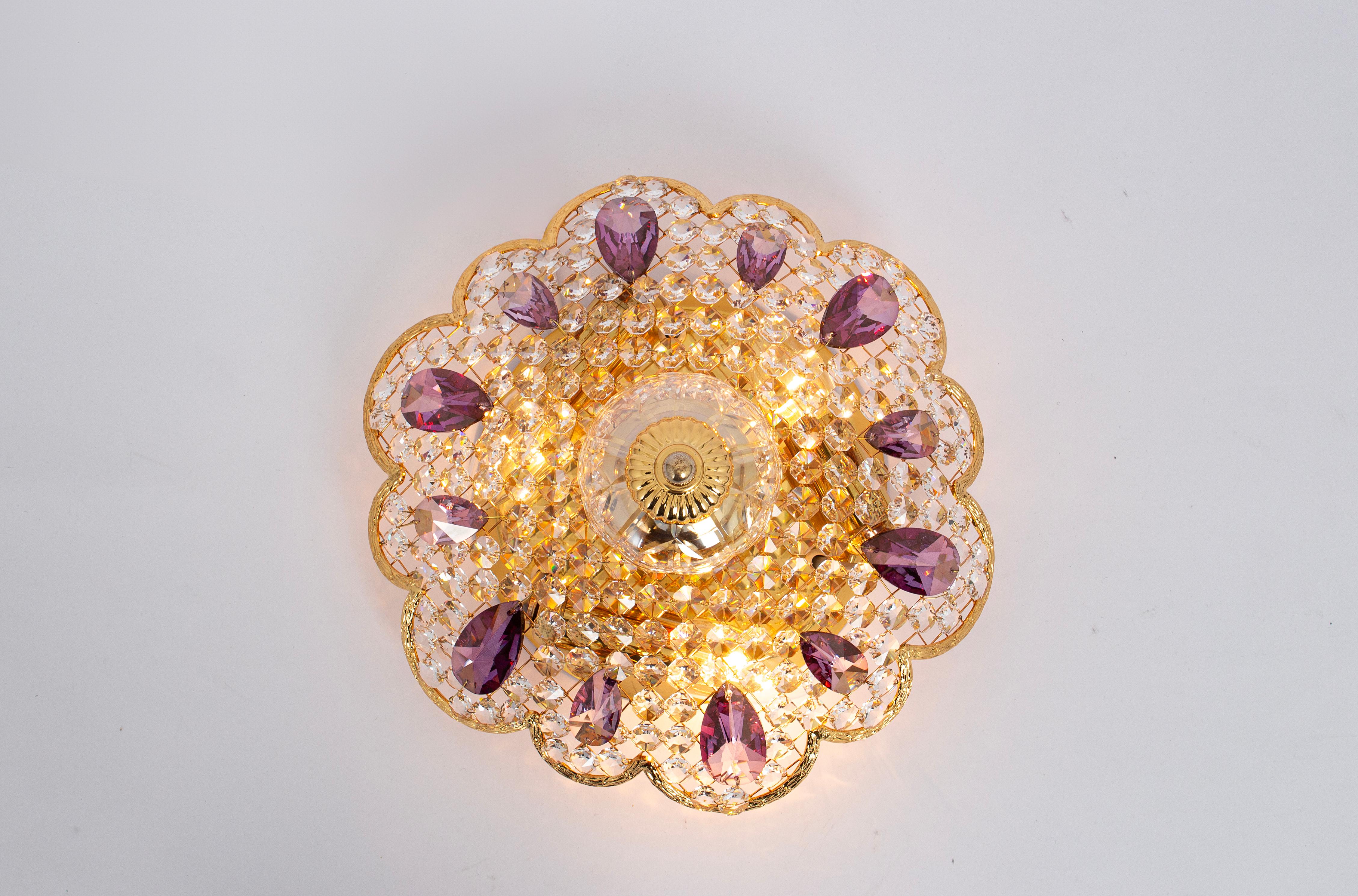 Petite Delicate Gilt Brass Cut-Glass Flower Flush Mount by Palwa, Germany, 1970s For Sale 4
