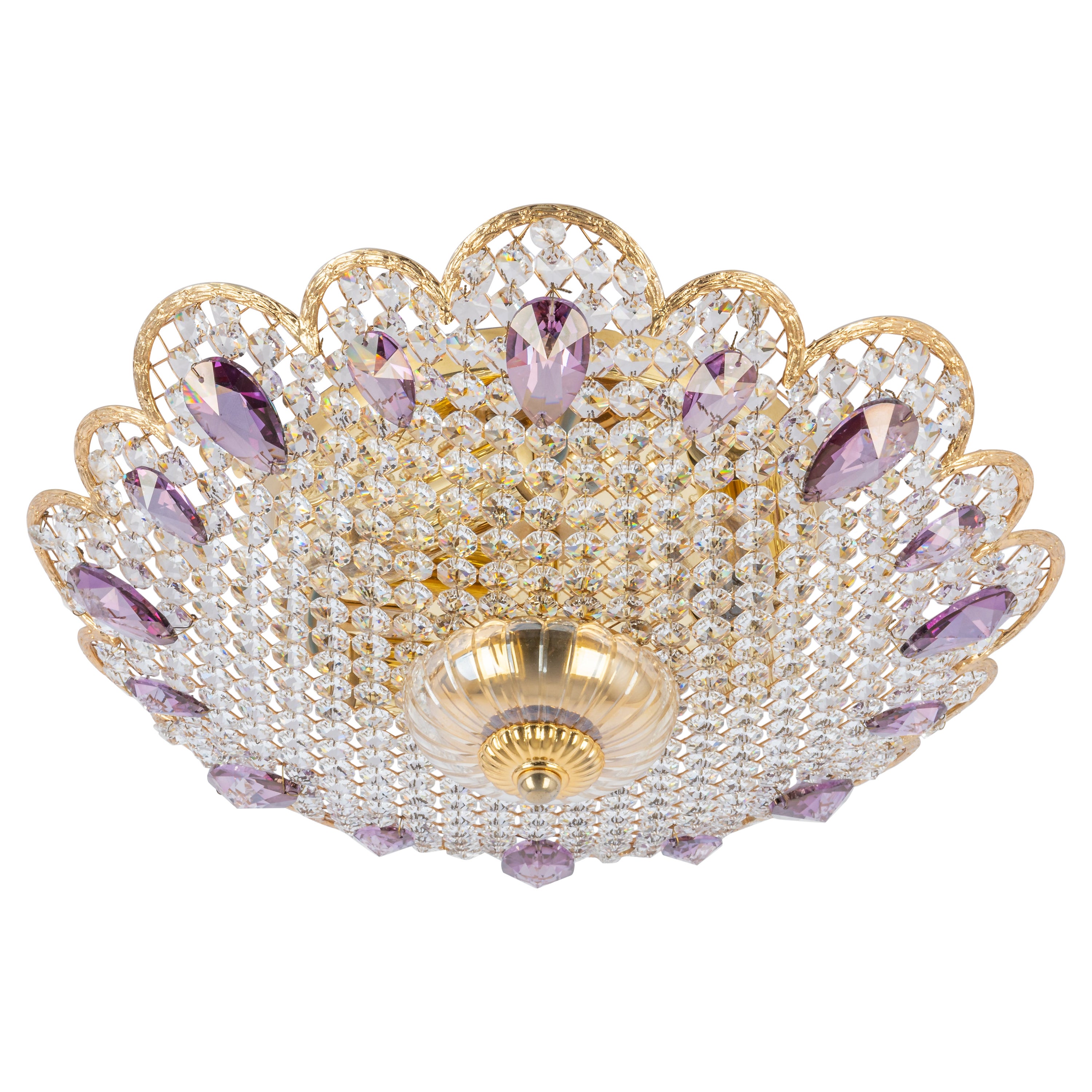 Petite Delicate Gilt Brass Cut-Glass Flower Flush Mount by Palwa, Germany, 1970s