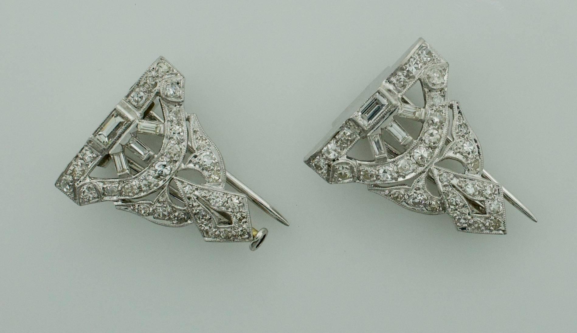Art Deco Petite Diamond Brooch Clips in Platinum, circa 1930s