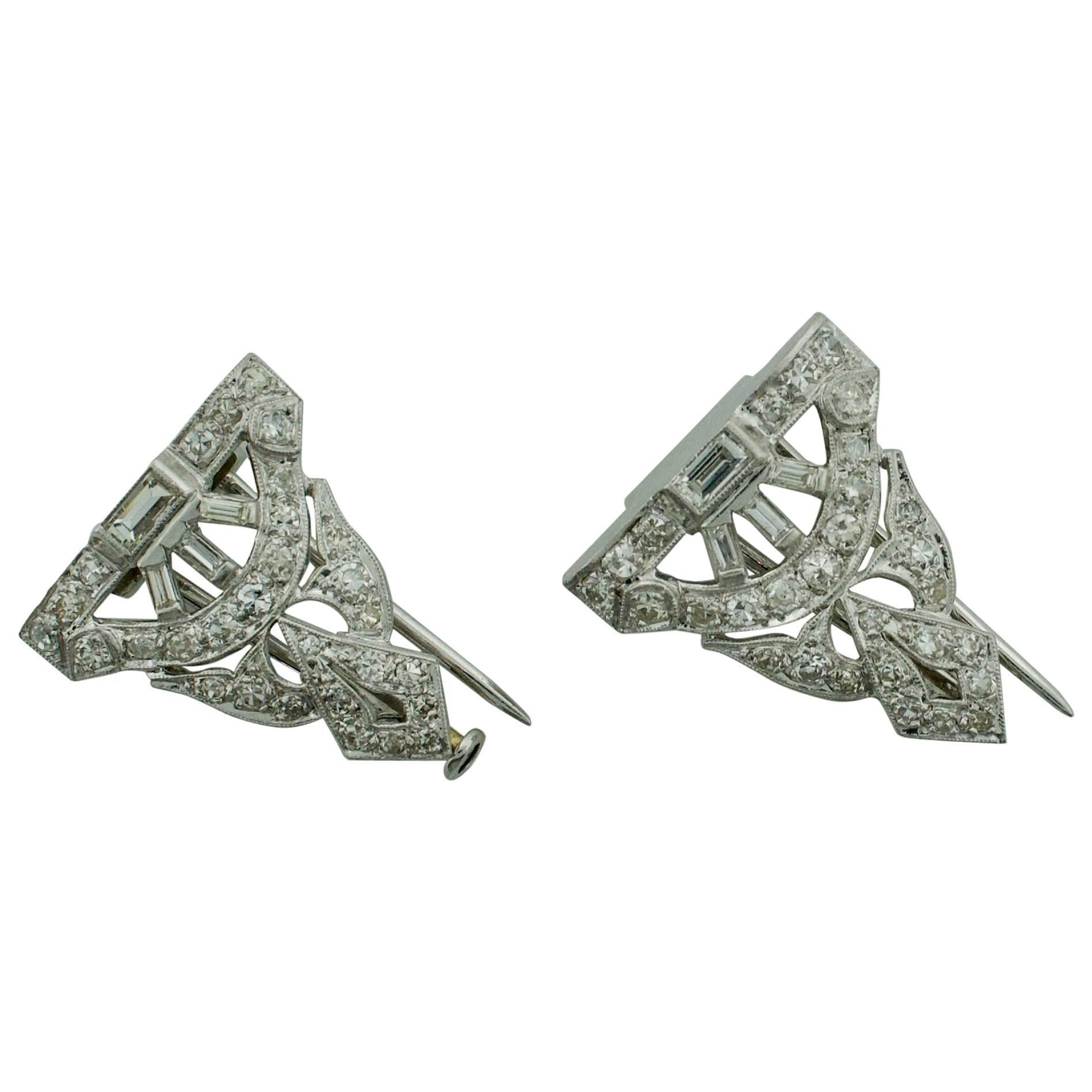 Petite Diamond Brooch Clips in Platinum, circa 1930s