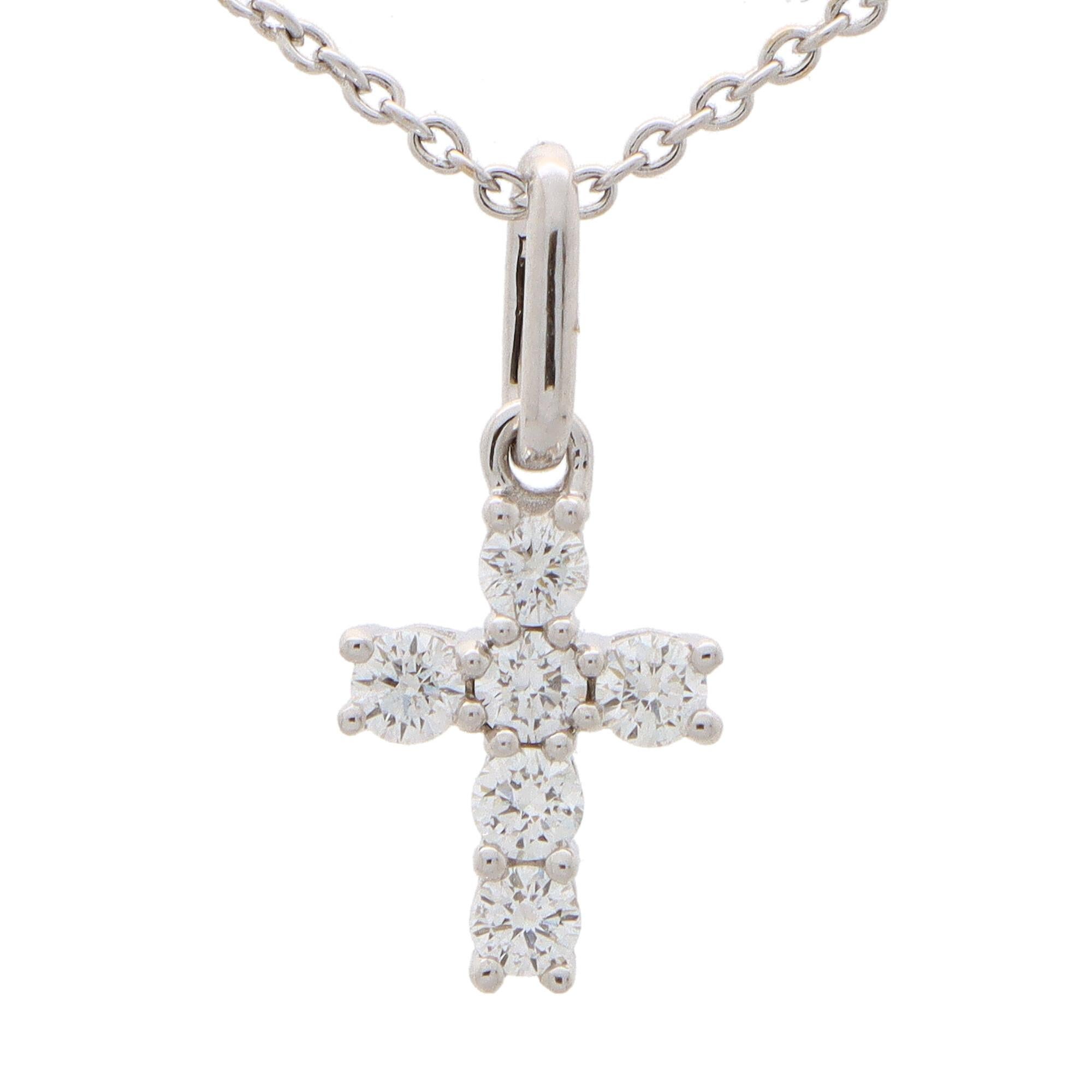 Modern Petite Diamond Cross Pendant Set in 18k White Gold For Sale