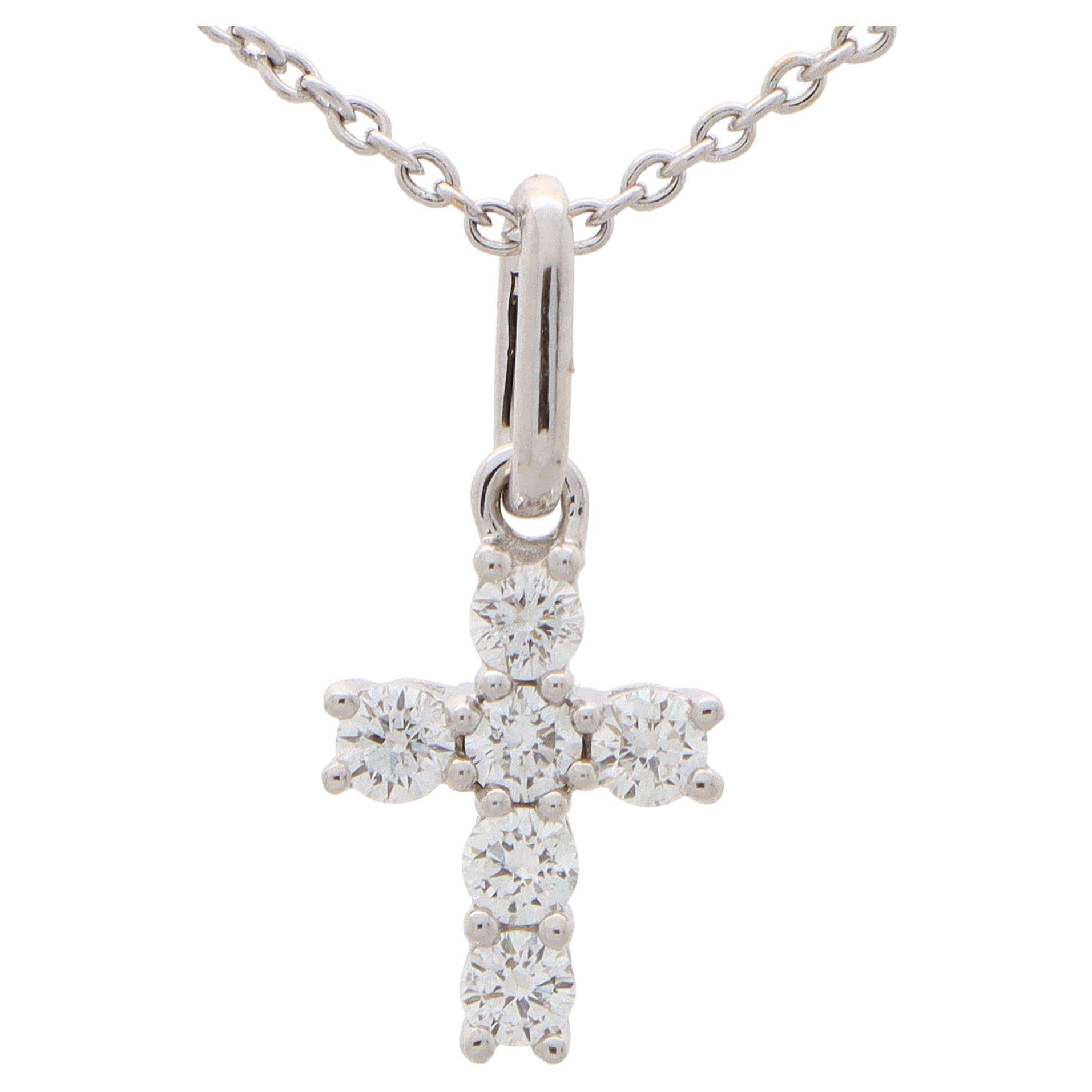 Petite Diamond Cross Pendant Set in 18k White Gold For Sale