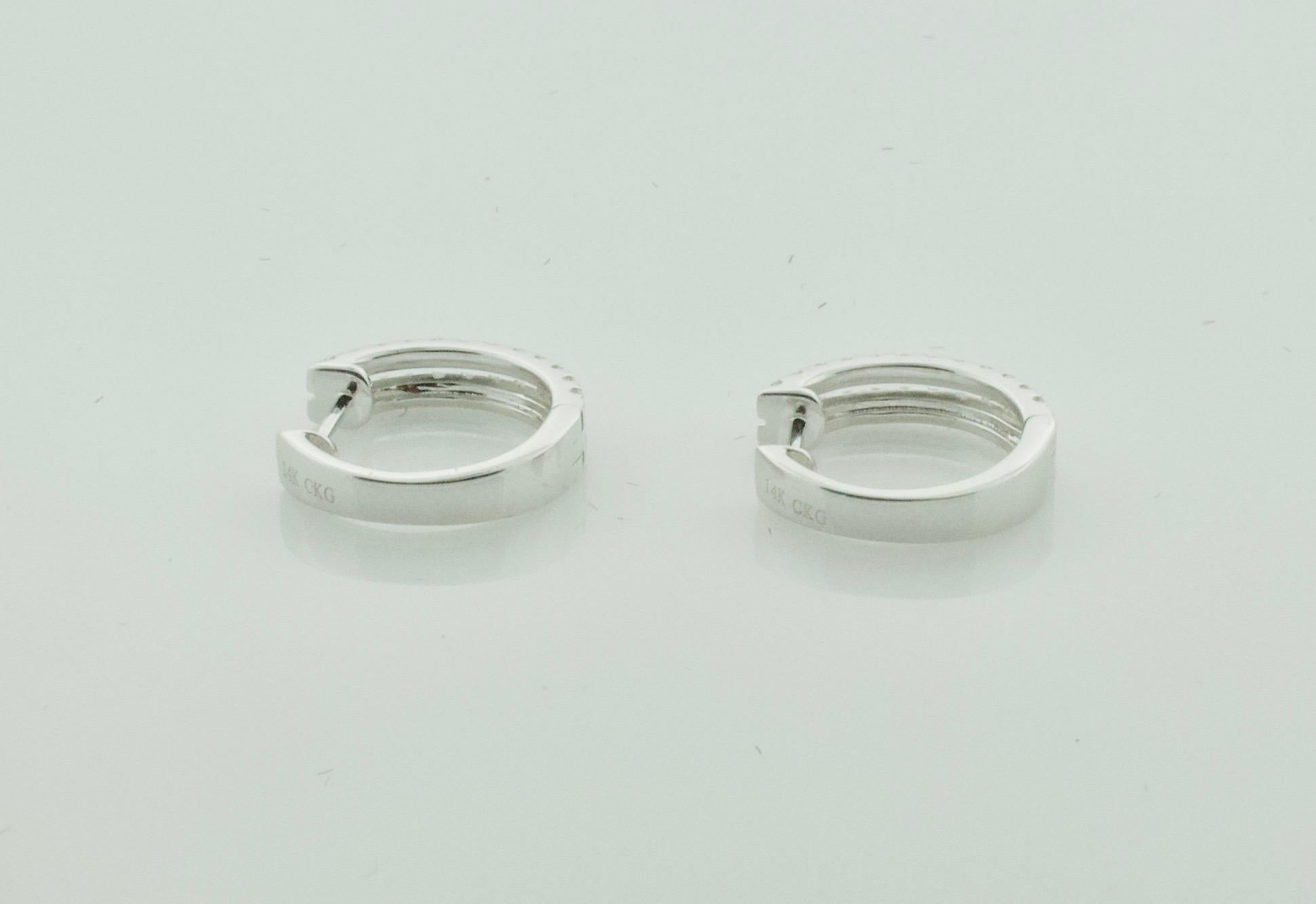 Round Cut Petite Diamond Hoop Earrings in White Gold For Sale