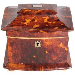 Petite Early 19th Century Regency Tortoiseshell Tea Caddy with Pagoda Top