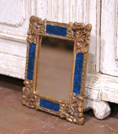 Petite Early 20th C. Spanish Gilt Iron Sunburst Mirror with Blue Glass Inlay