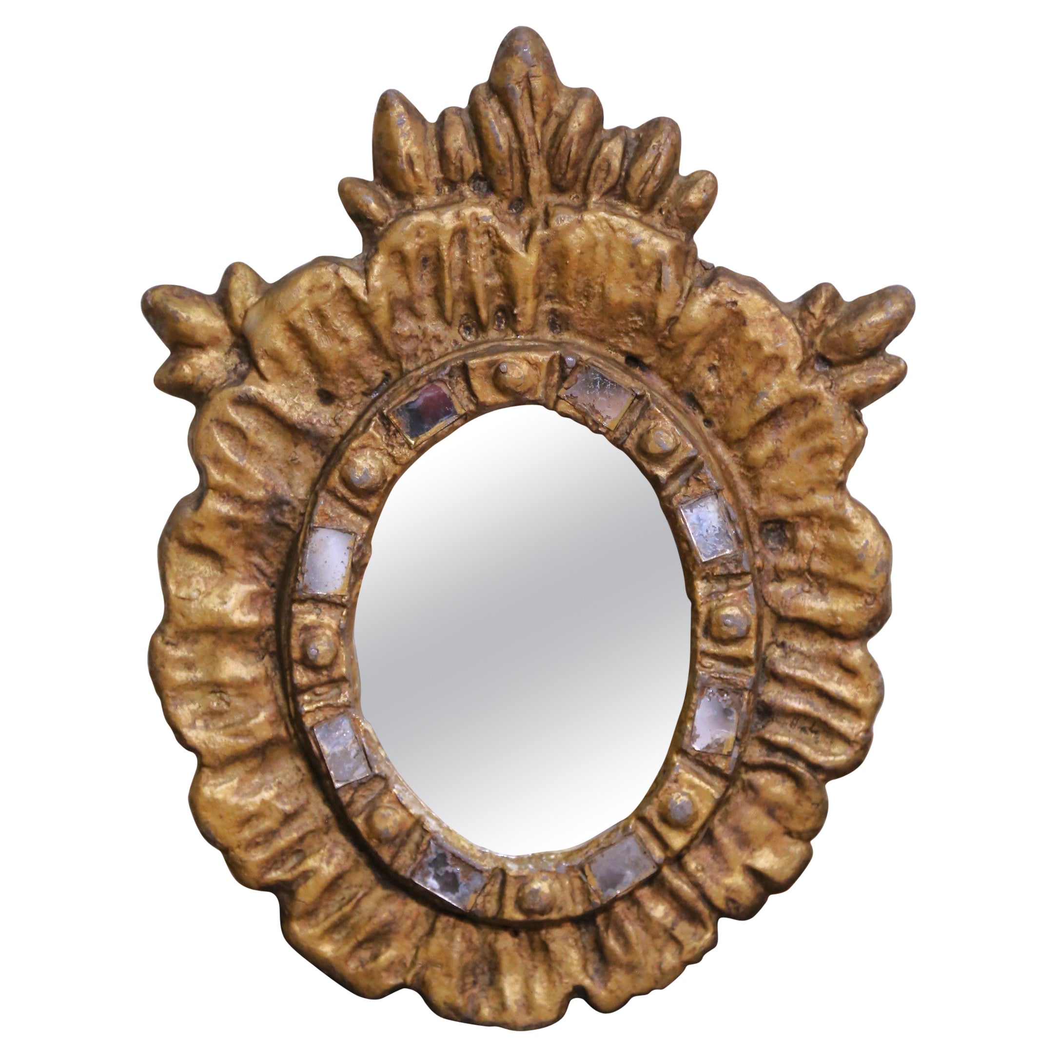 Petit miroir à soleil en fer doré espagnol du début du 20e C. avec insertion de miroir en vente