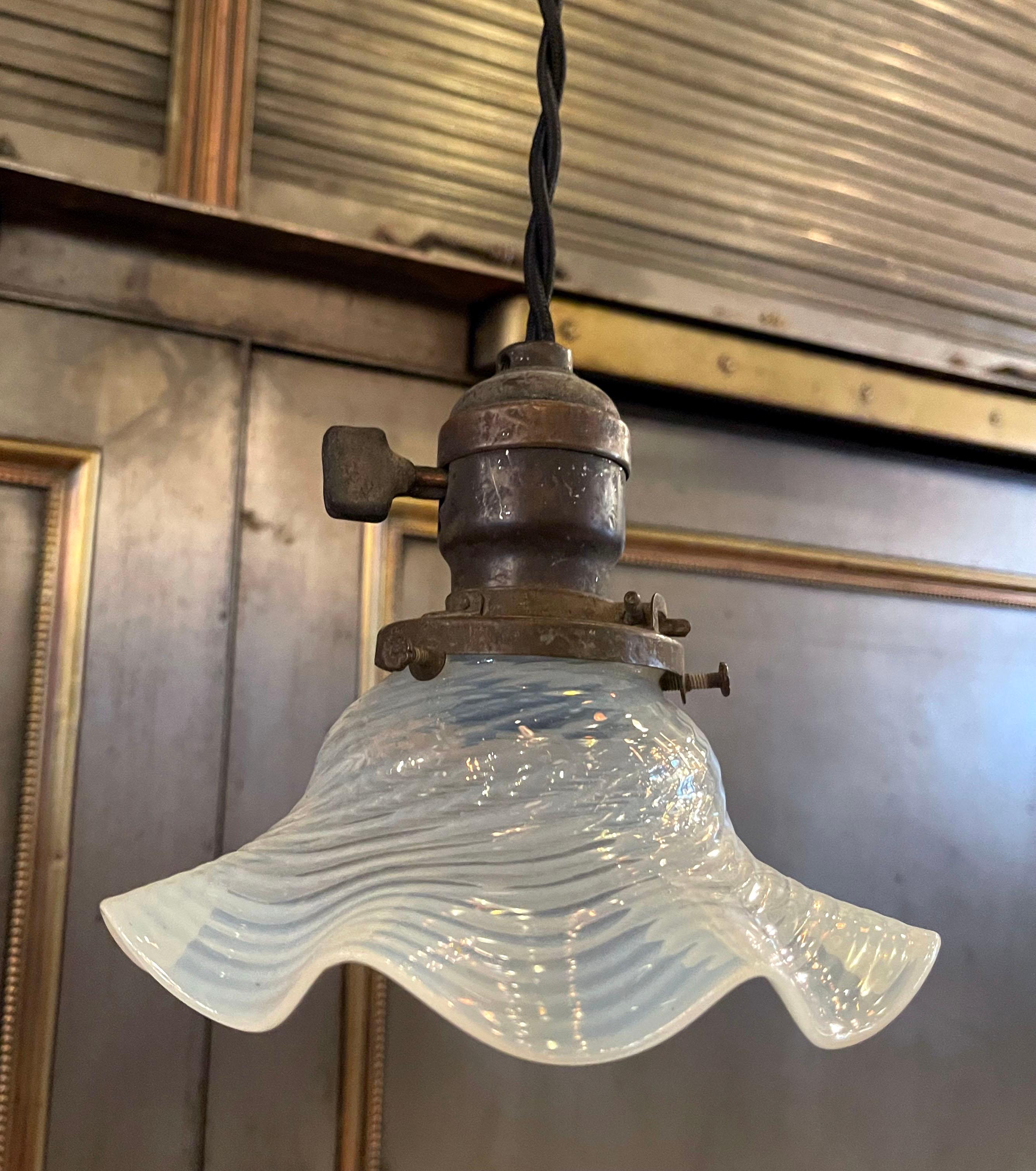 Industrial Petite Early 20th Century Opaline Ruffle and Brass Pendant