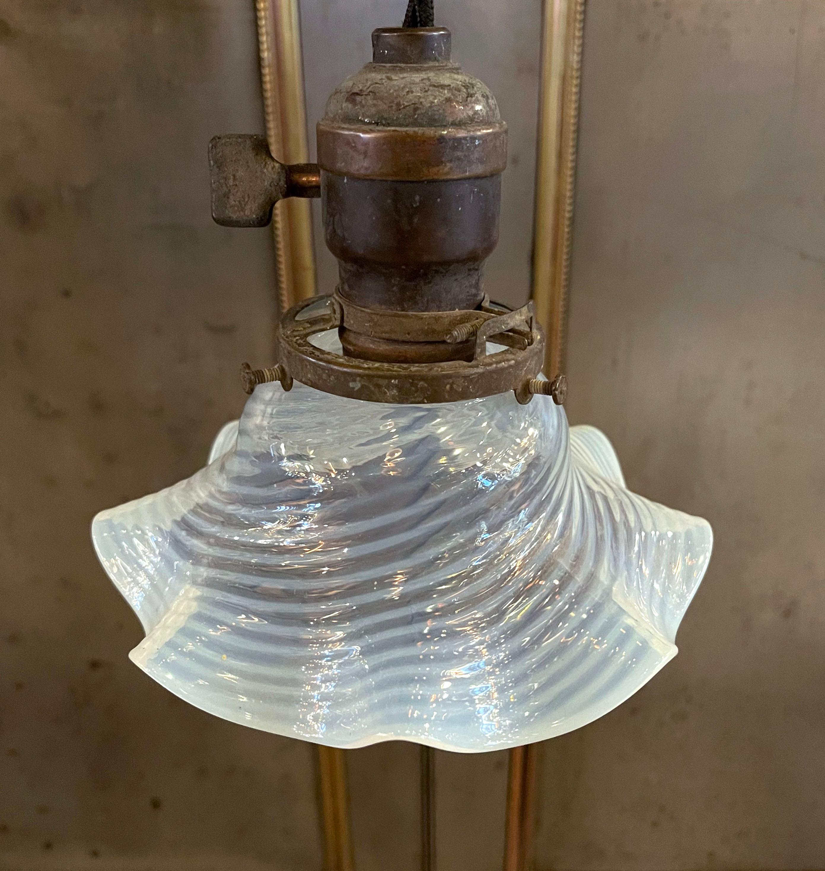 American Petite Early 20th Century Opaline Ruffle and Brass Pendant