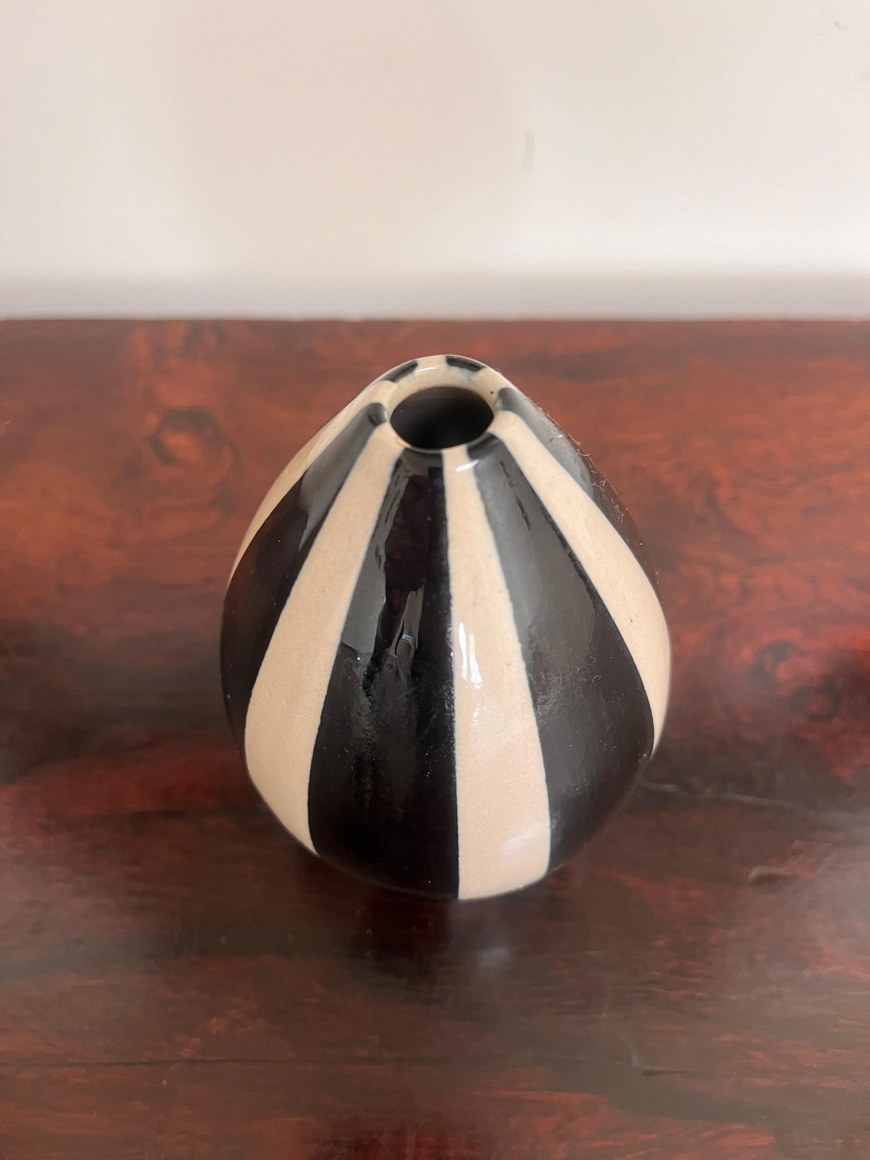 Ceramic Petite Early Jonathan Adler Black & White Stripped Vase For Sale