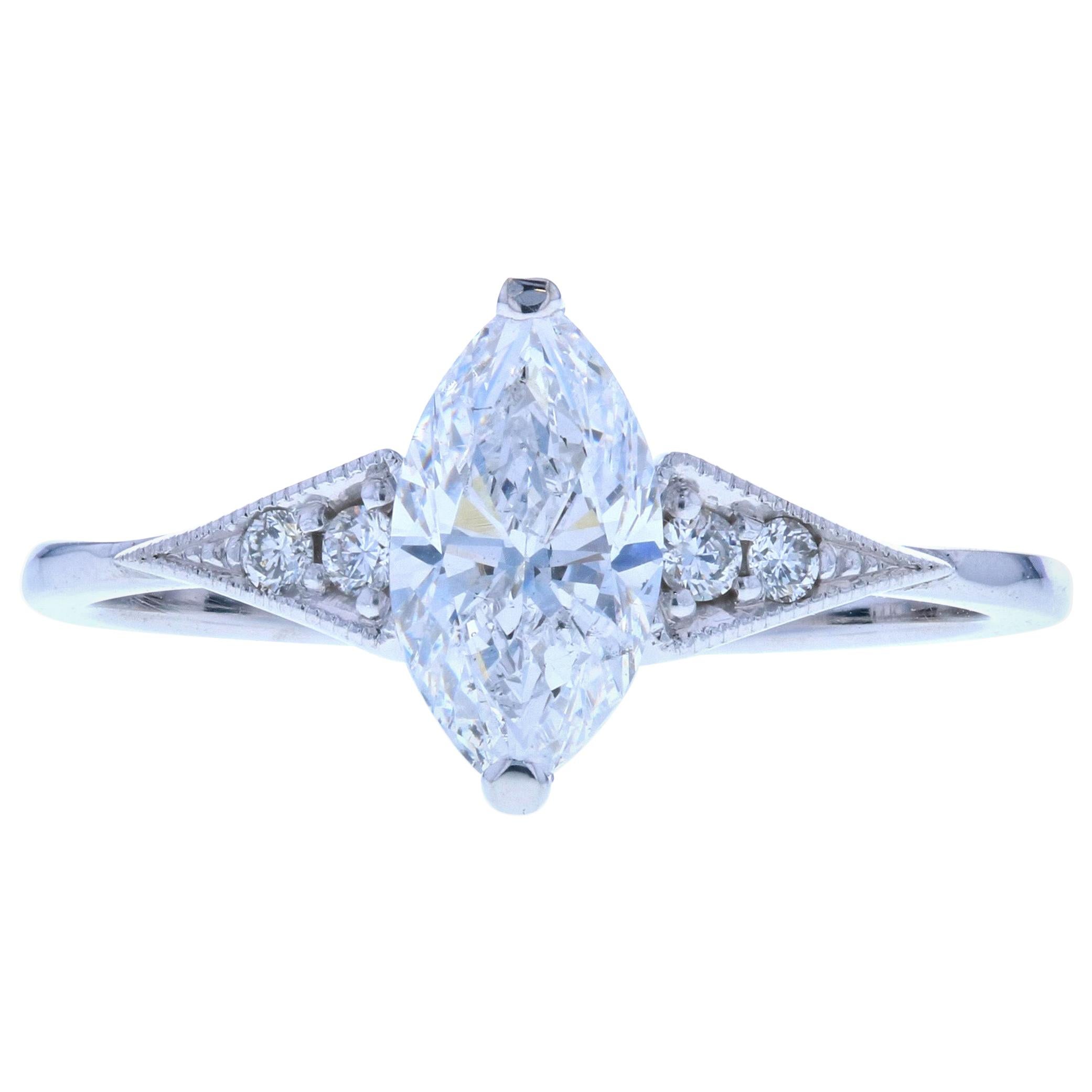 Petite Edwardian Marquise Diamond Engagement Ring with Milgrain For Sale