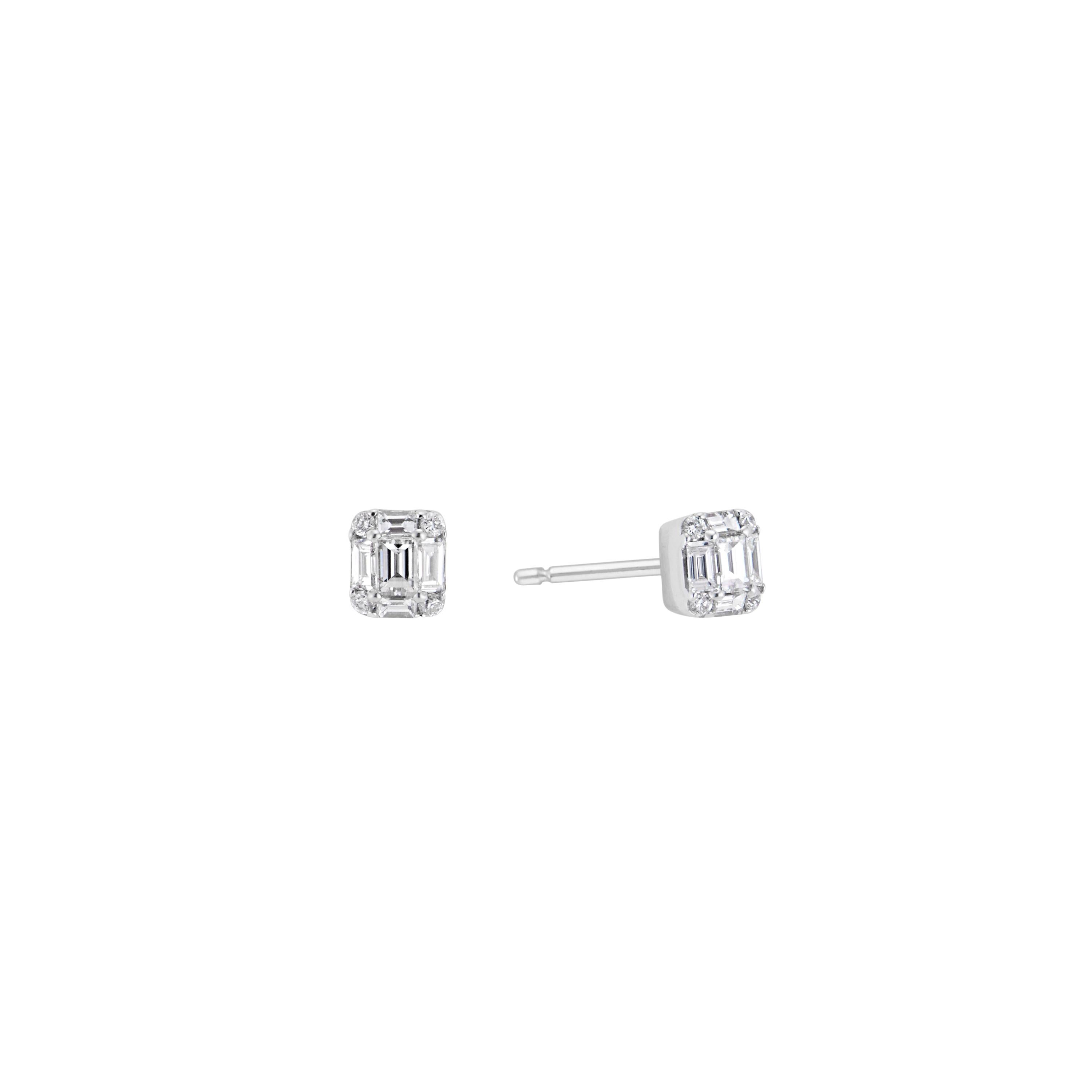 Petite Emerald Cut Illusion Diamond Stud Earrings For Sale