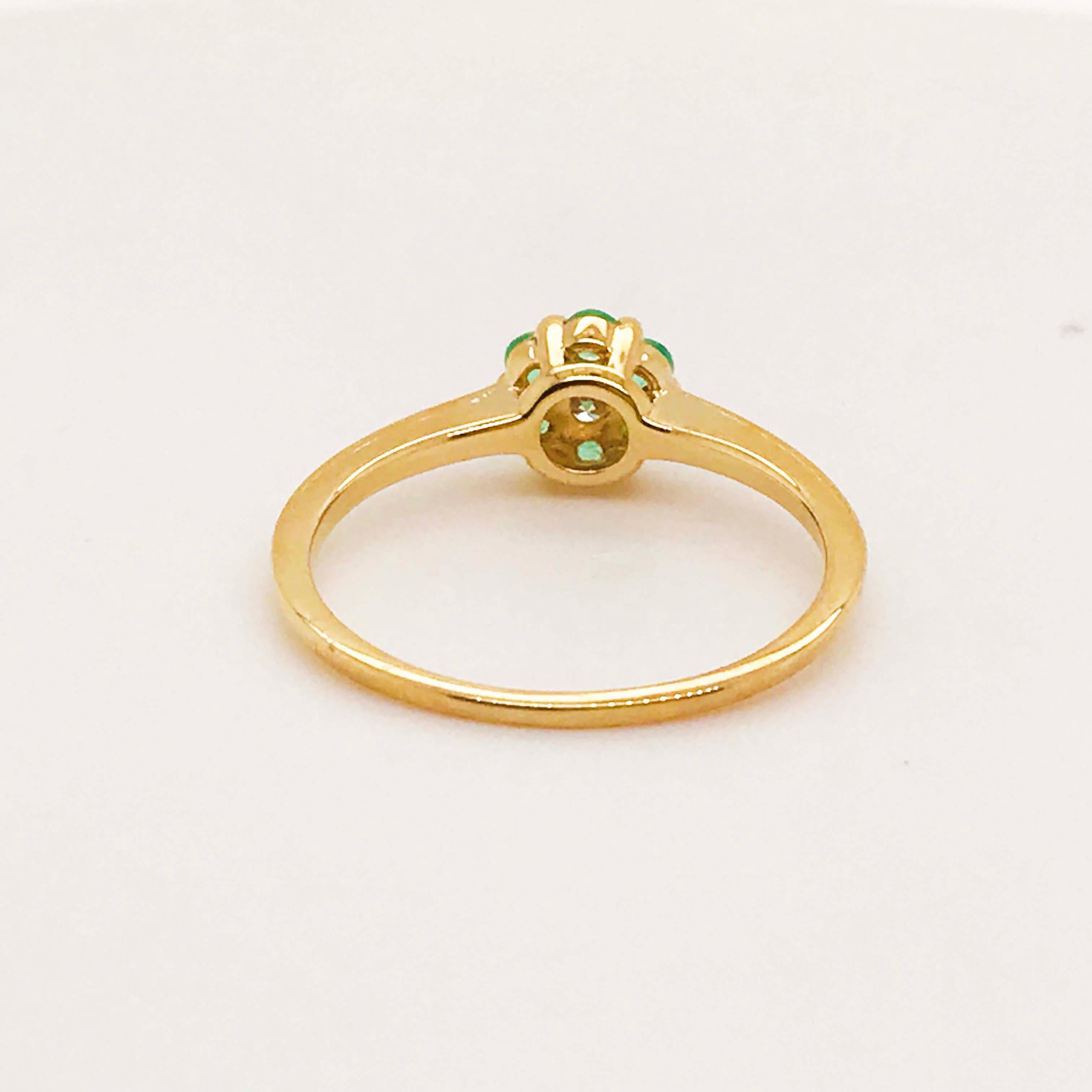 Women's Petite Emerald Flower Ring, May Birthstone with Diamond, 14K Yellow Gold Lv For Sale