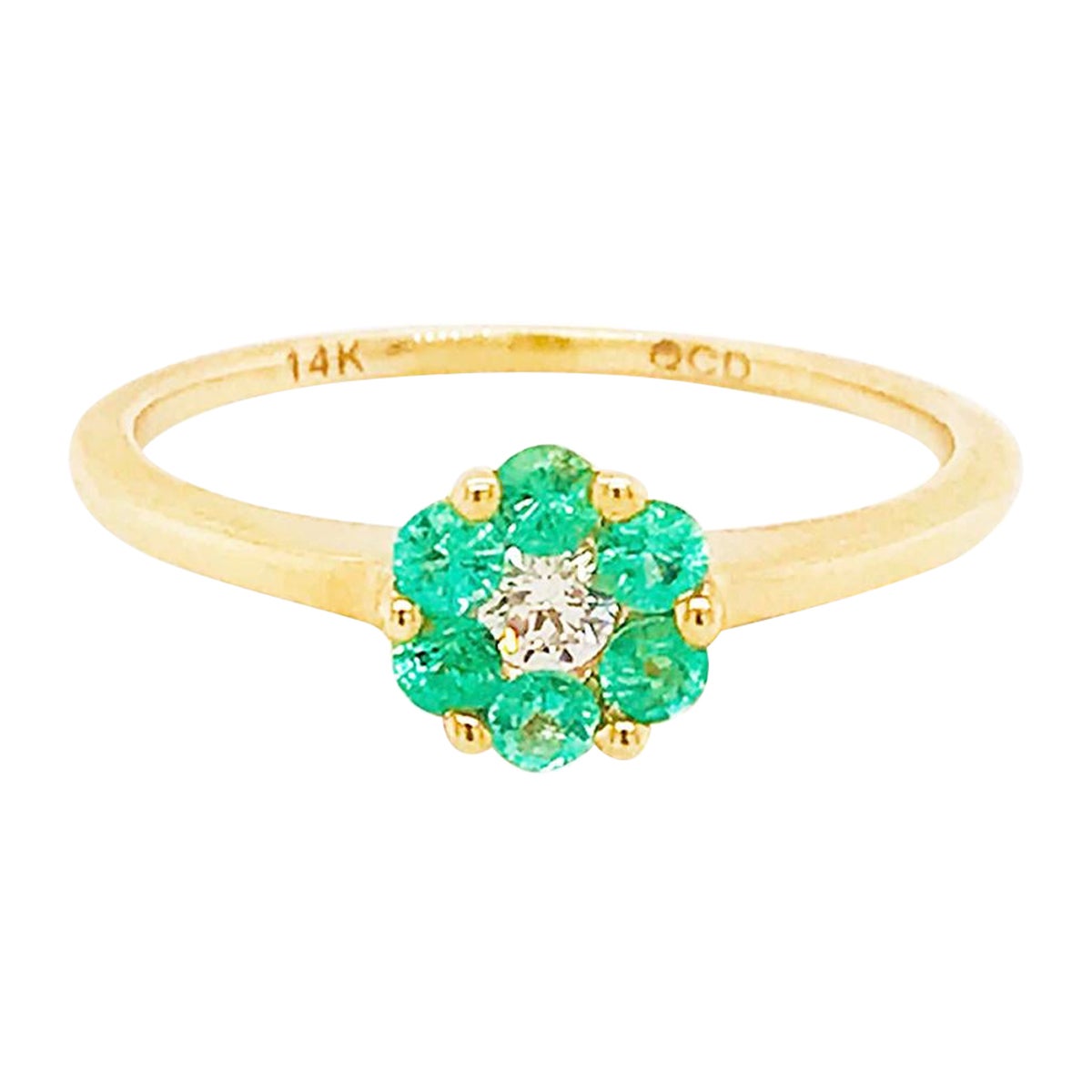 Petite Emerald Flower Ring, May Birthstone with Diamond, 14K Yellow Gold Lv
