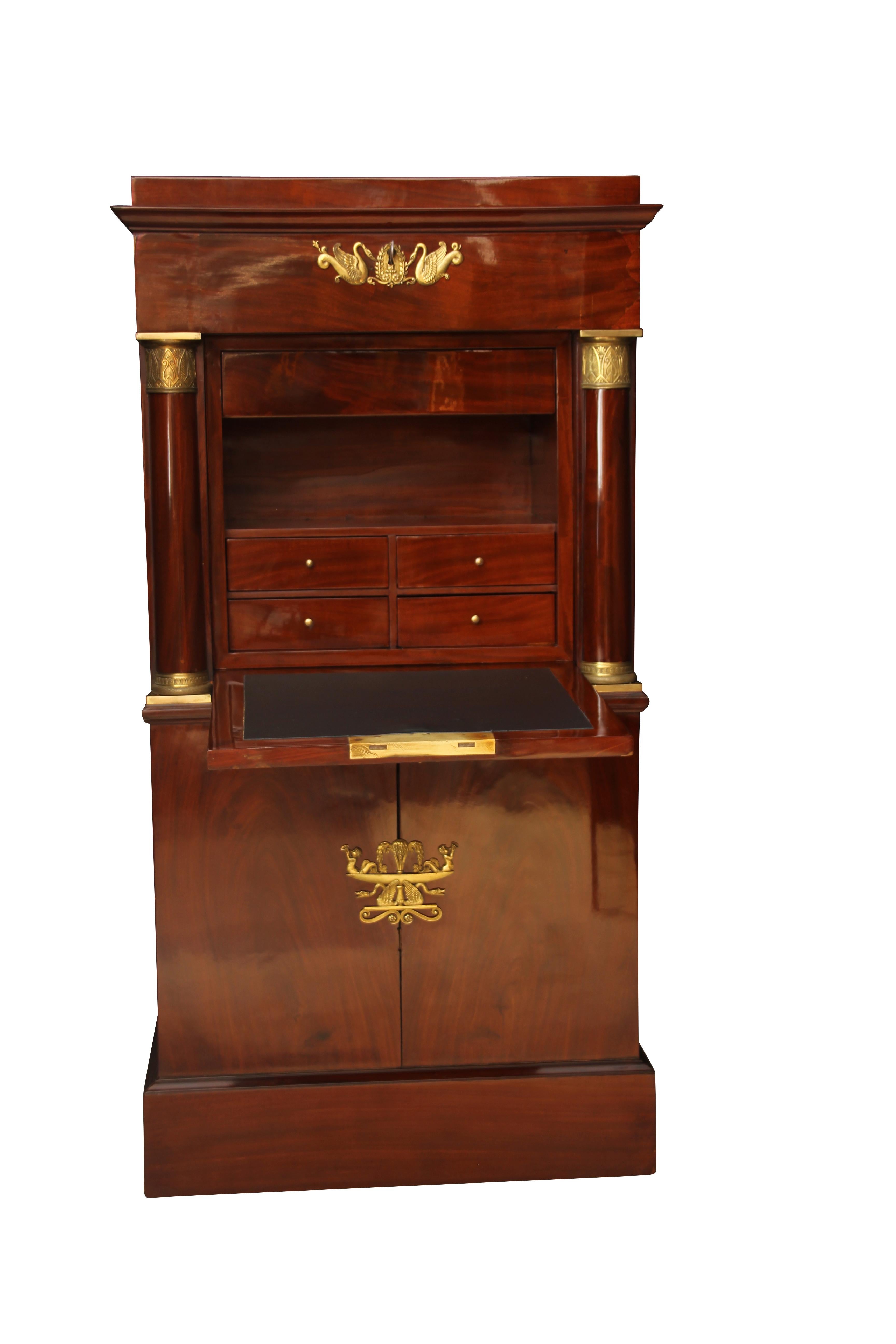 French Rare Empire Secretaire with Side Drawers, Mahogany, Bronzes, France circa 1810.