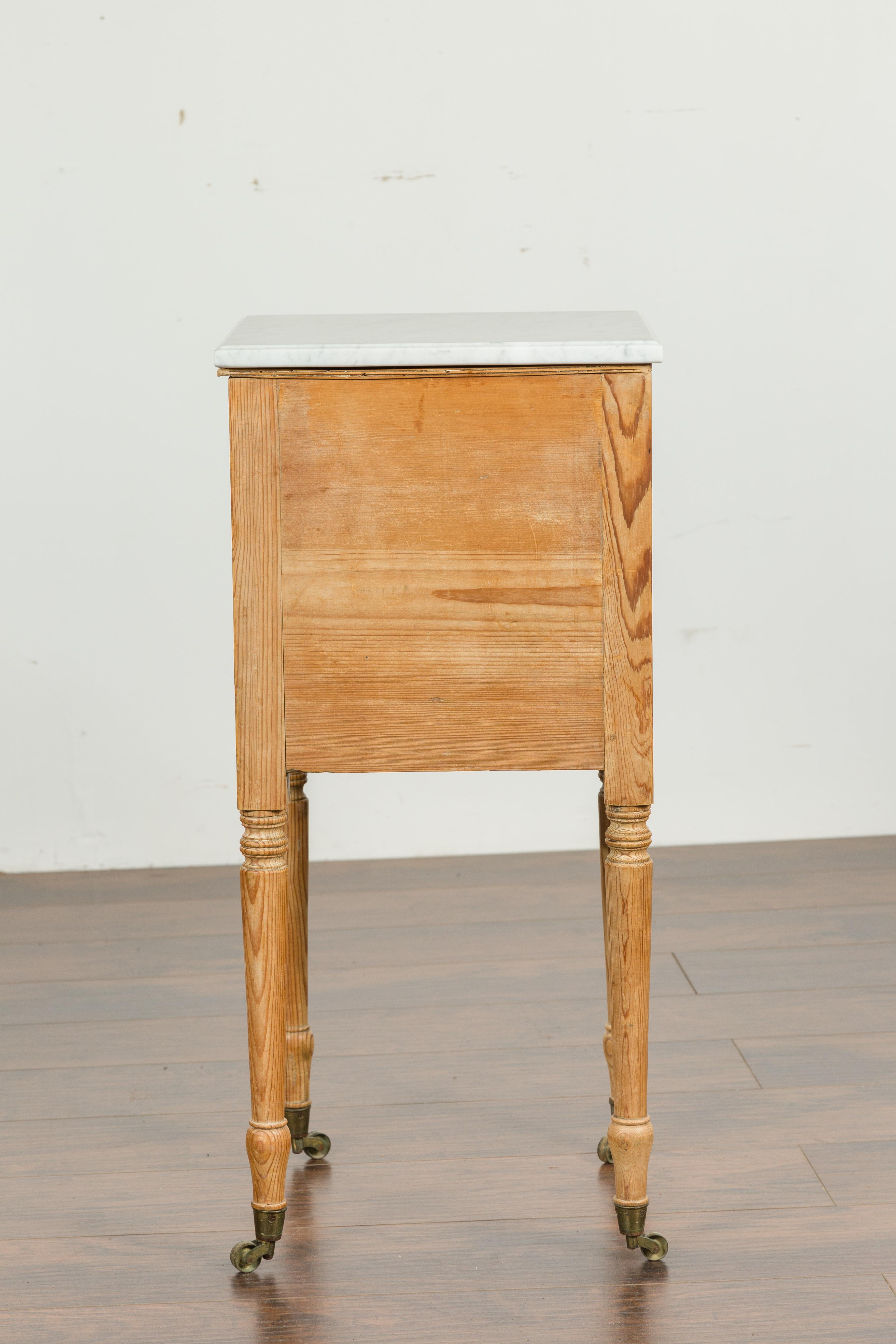 Petite English 1870s Pine End Table with White Marble-Top and Single Door For Sale 9