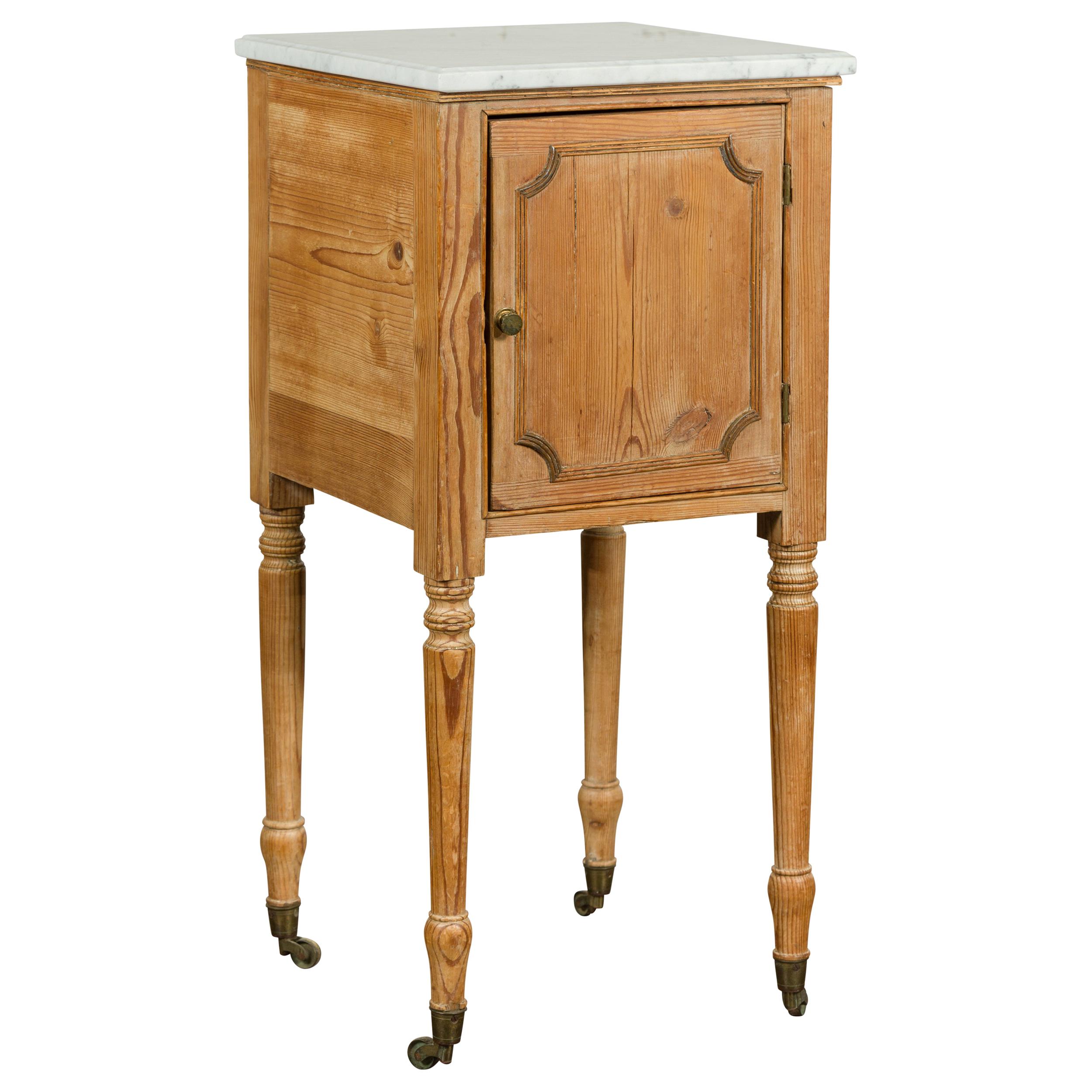 Petite English 1870s Pine End Table with White Marble-Top and Single Door For Sale