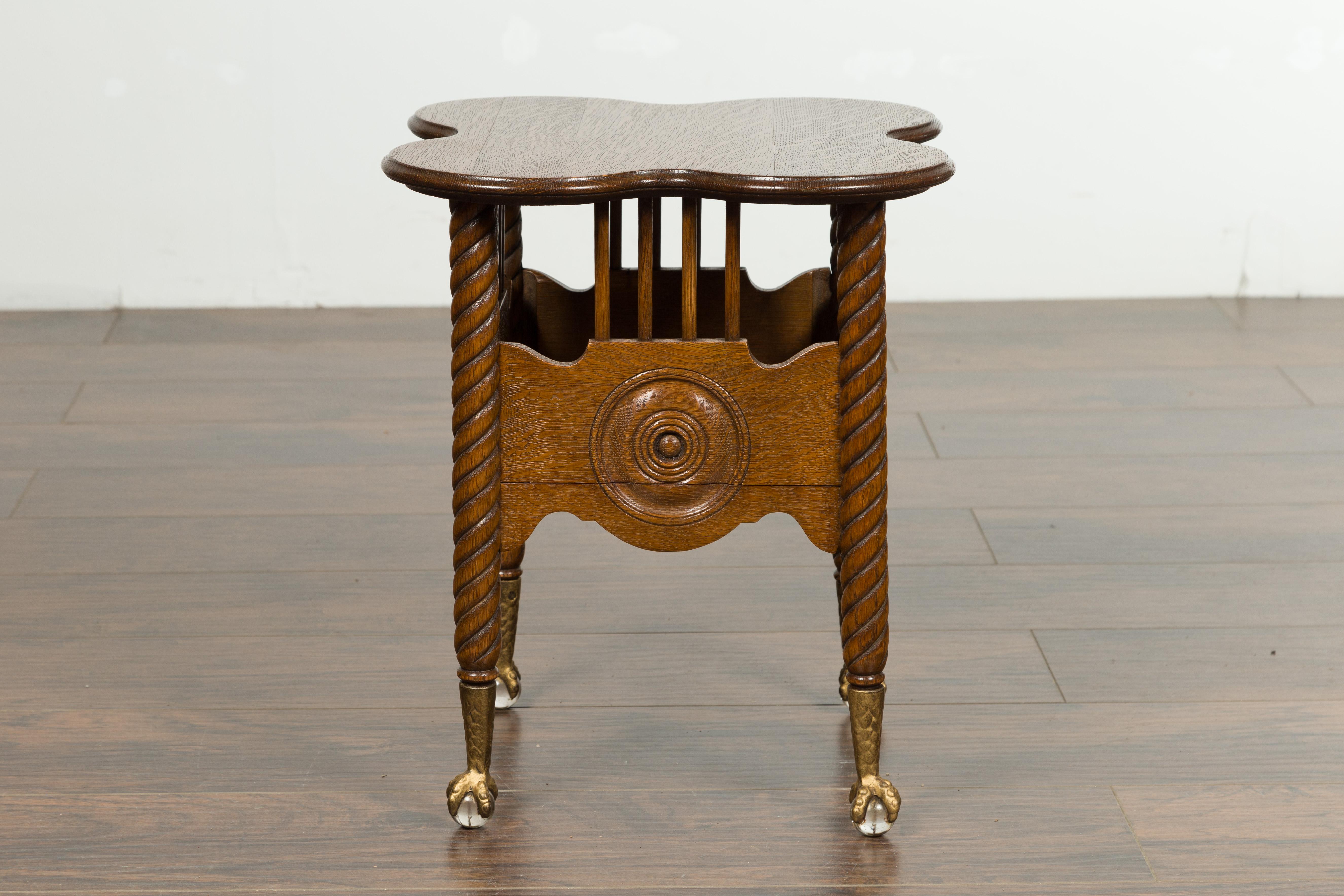 Petite English 1880s Oak Table with Twisted Legs, Gilt Claw and Glass Ball Feet 3