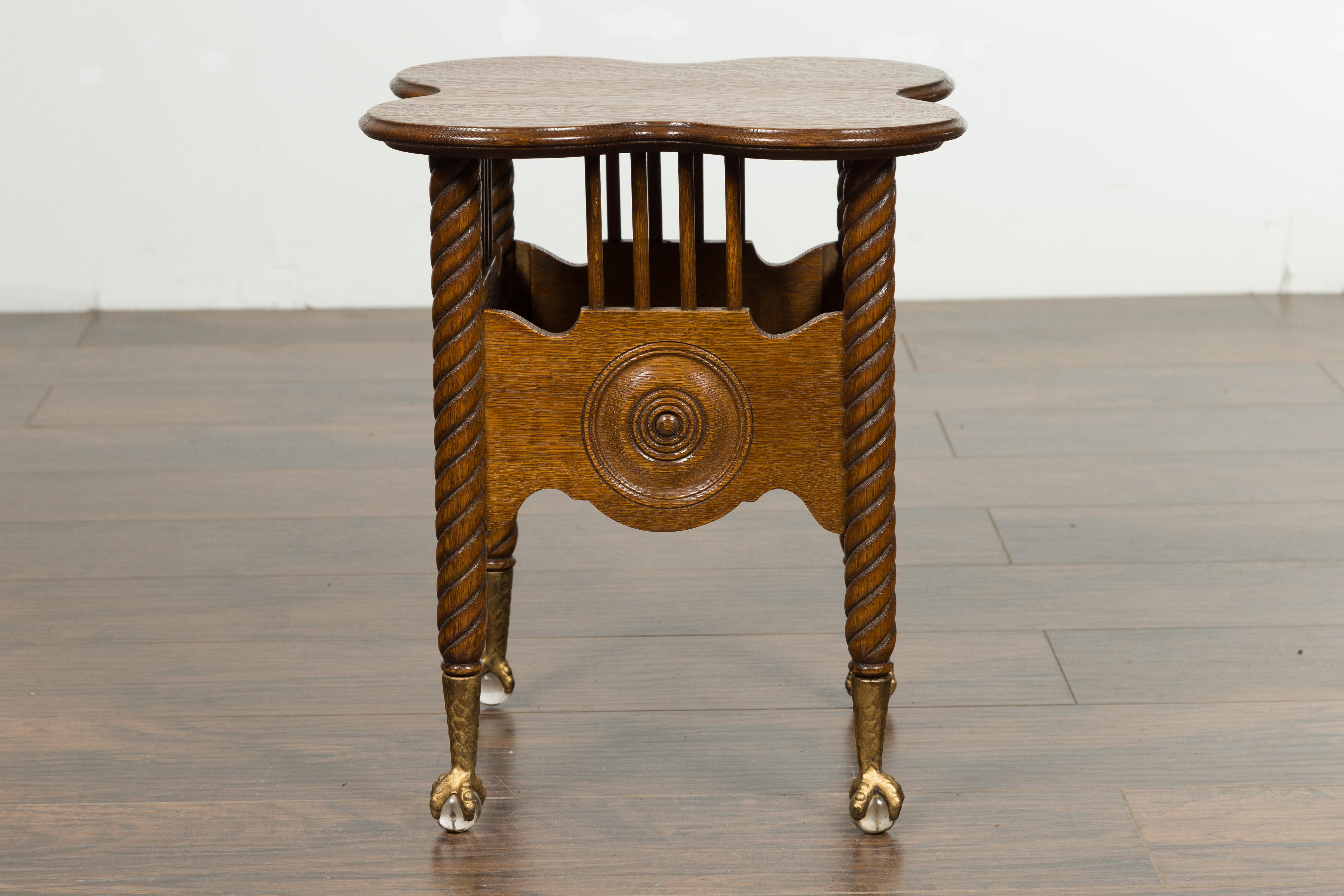 Petite English 1880s Oak Table with Twisted Legs, Gilt Claw and Glass Ball Feet 4