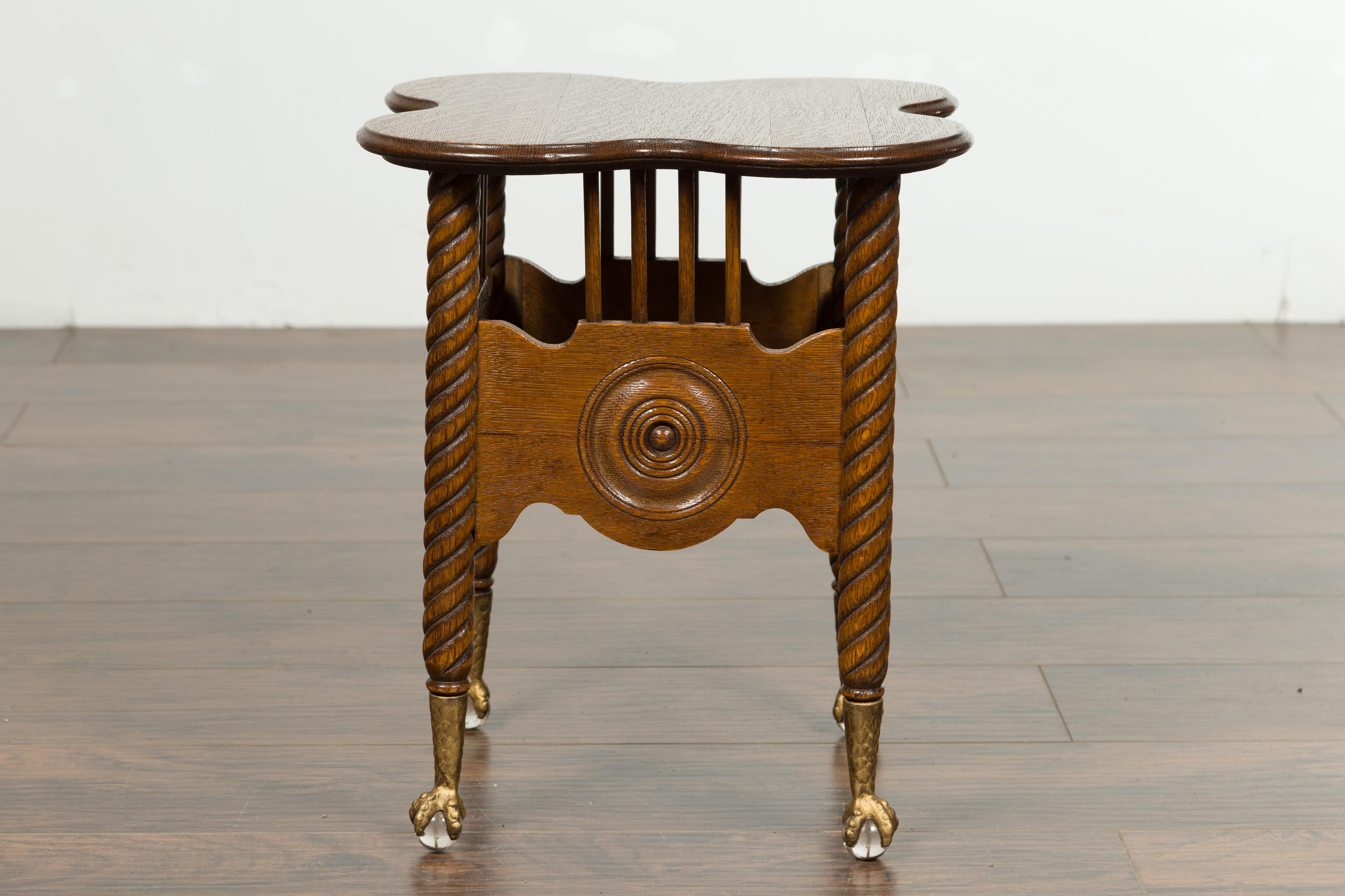 Petite English 1880s Oak Table with Twisted Legs, Gilt Claw and Glass Ball Feet 5