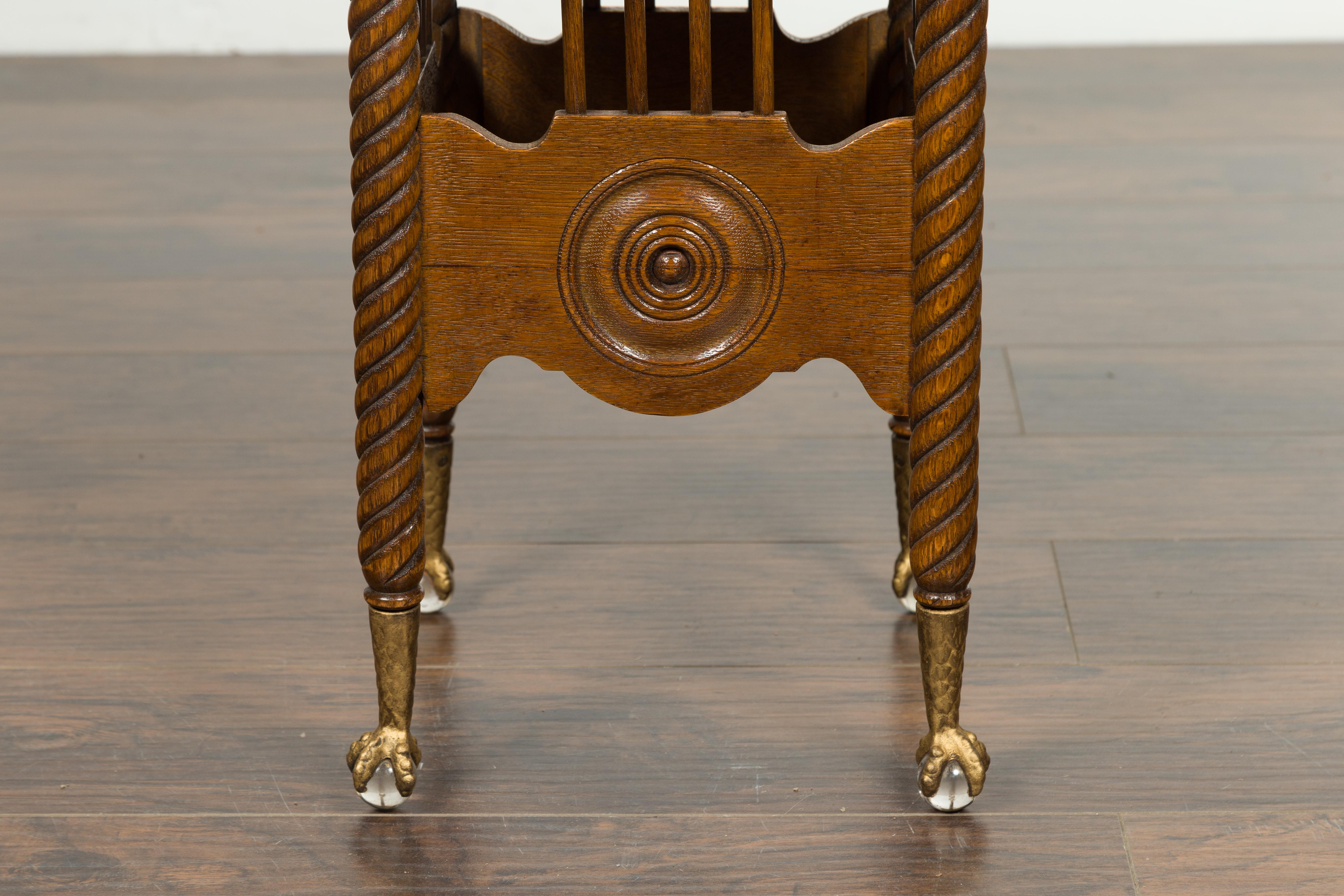 Petite English 1880s Oak Table with Twisted Legs, Gilt Claw and Glass Ball Feet In Good Condition In Atlanta, GA
