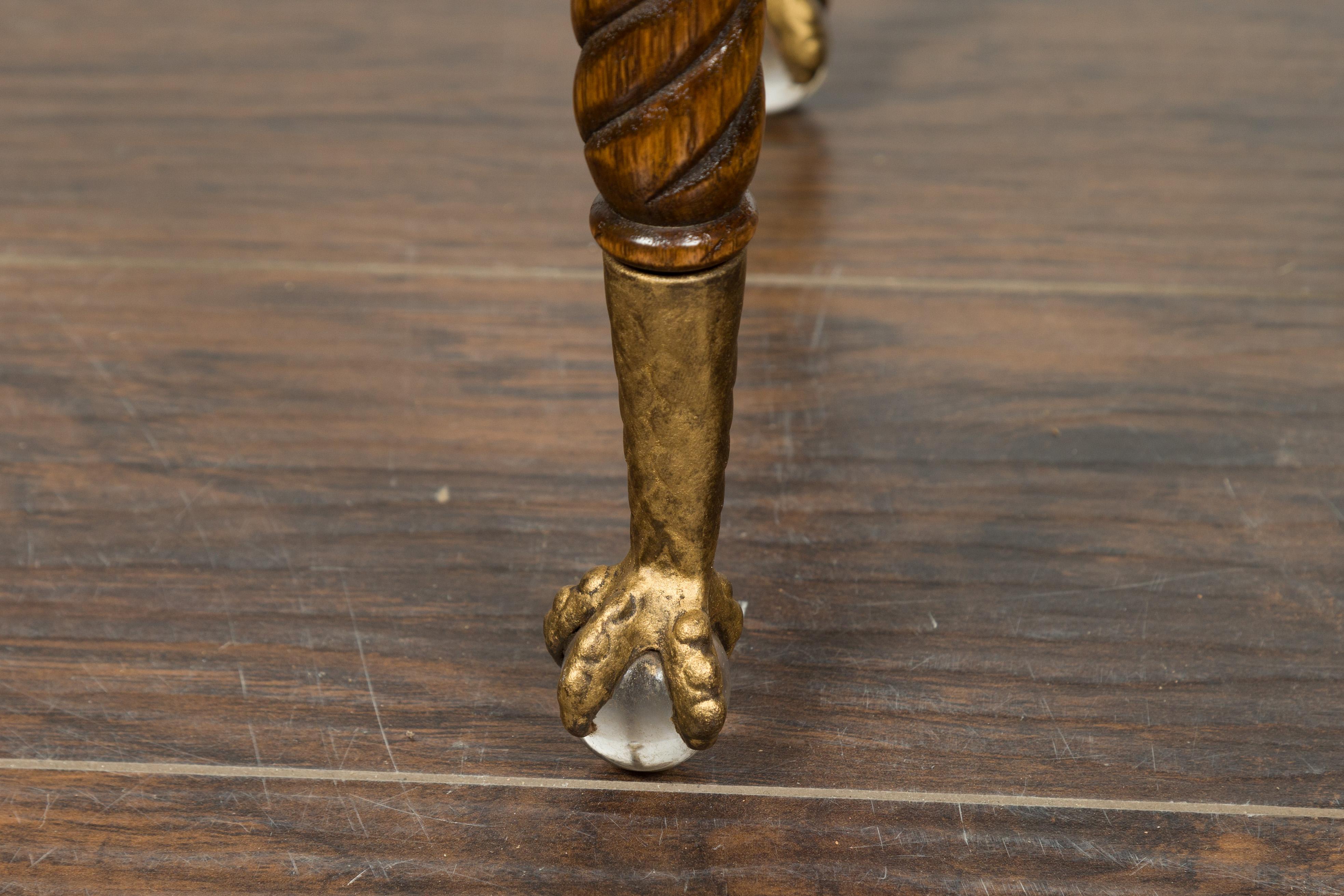 19th Century Petite English 1880s Oak Table with Twisted Legs, Gilt Claw and Glass Ball Feet