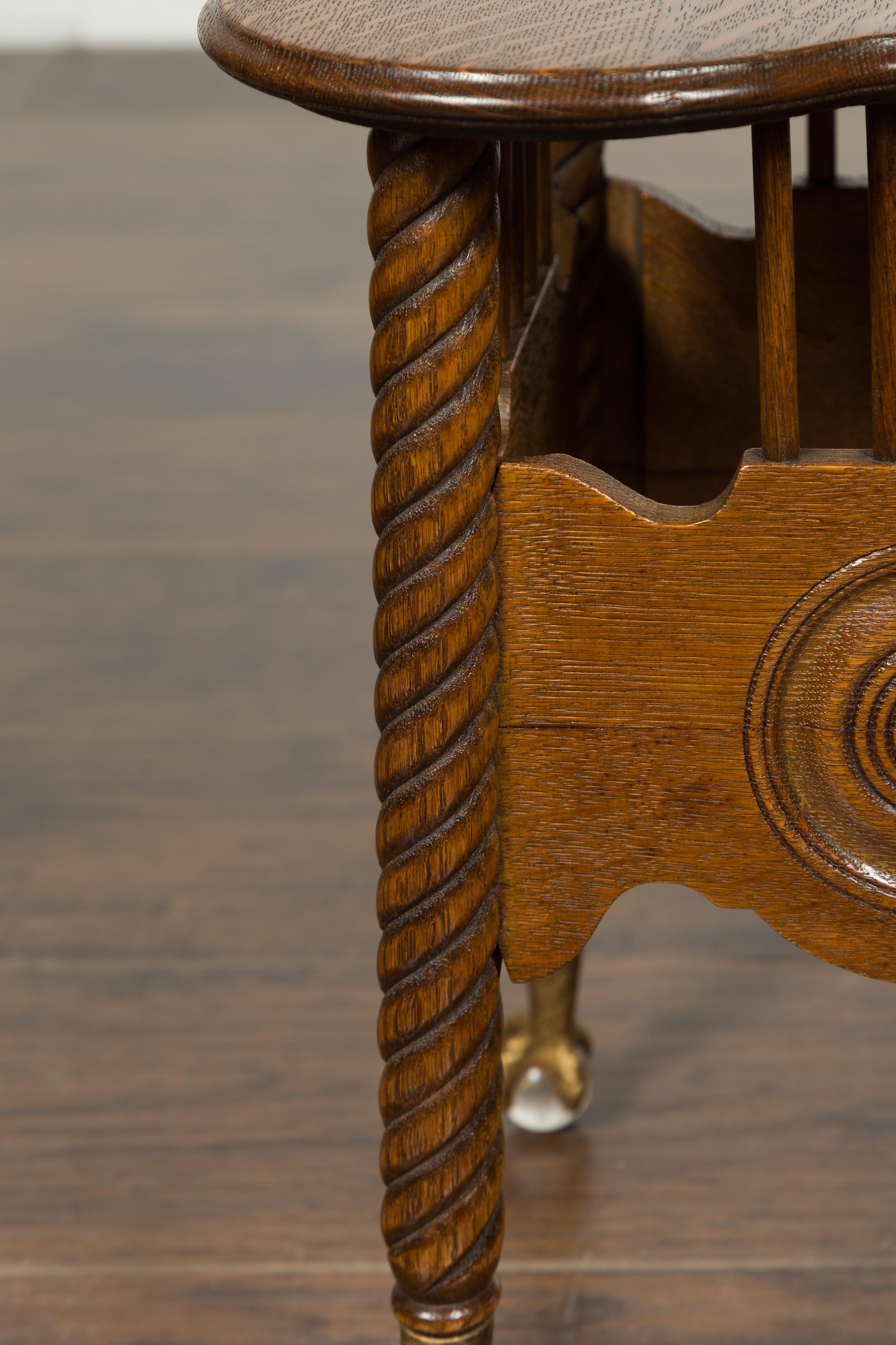 Petite English 1880s Oak Table with Twisted Legs, Gilt Claw and Glass Ball Feet 1