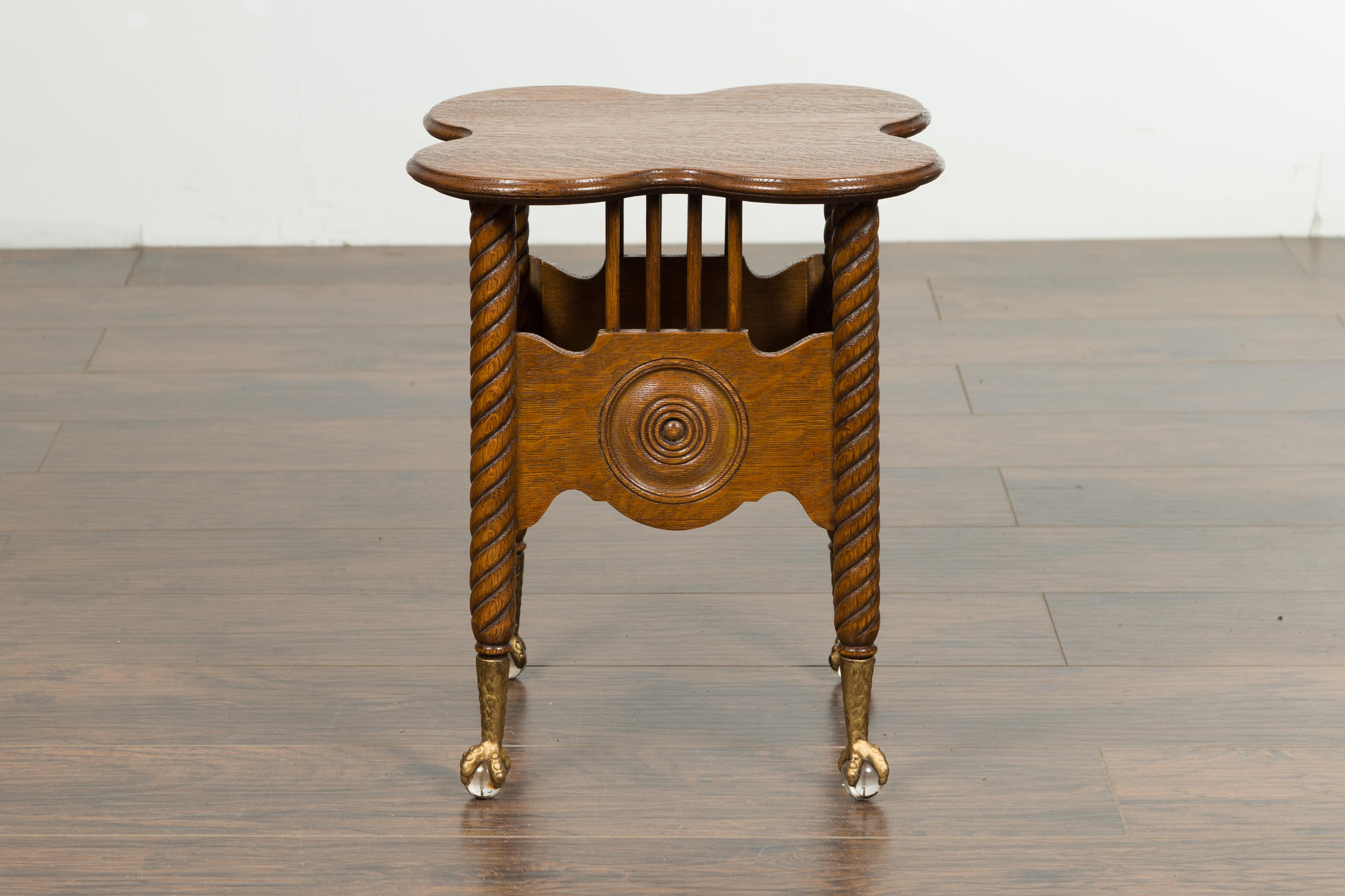Petite English 1880s Oak Table with Twisted Legs, Gilt Claw and Glass Ball Feet 2