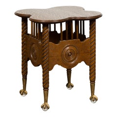 Antique Petite English 1880s Oak Table with Twisted Legs, Gilt Claw and Glass Ball Feet