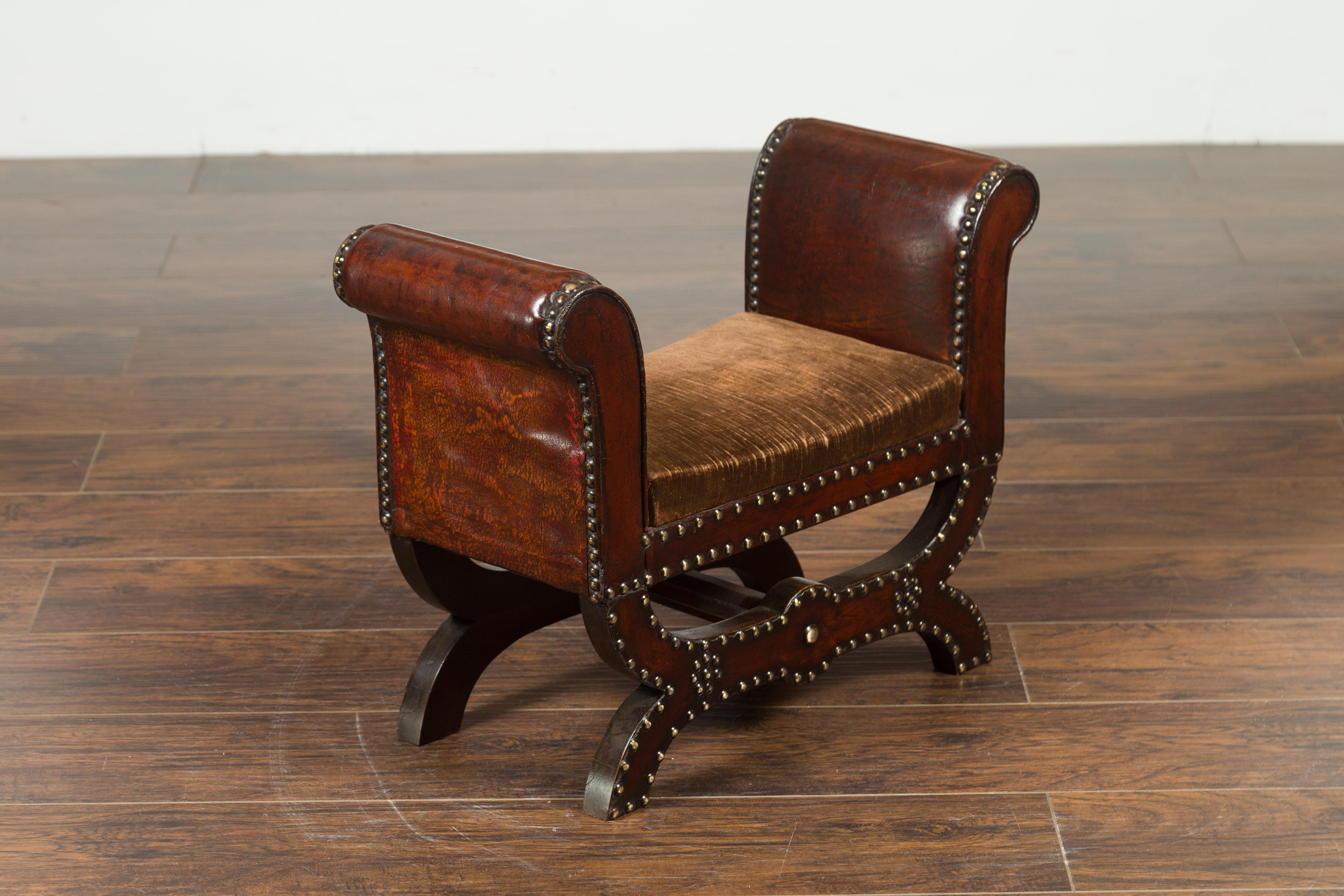 Petite English 1920s X-Form Leather Stool with Out-Scrolling Arms and Nailheads For Sale 6