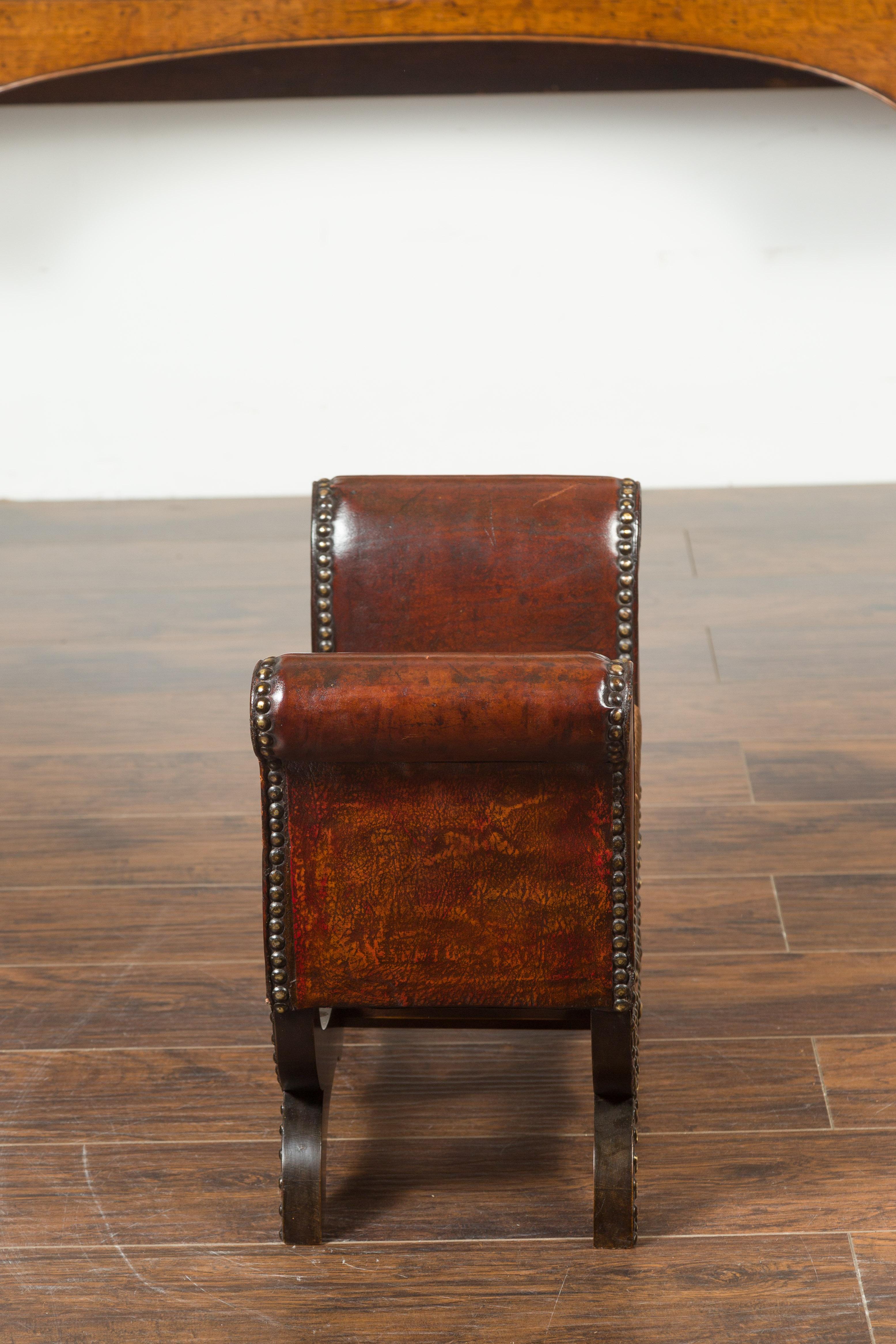 Petite English 1920s X-Form Leather Stool with Out-Scrolling Arms and Nailheads For Sale 7