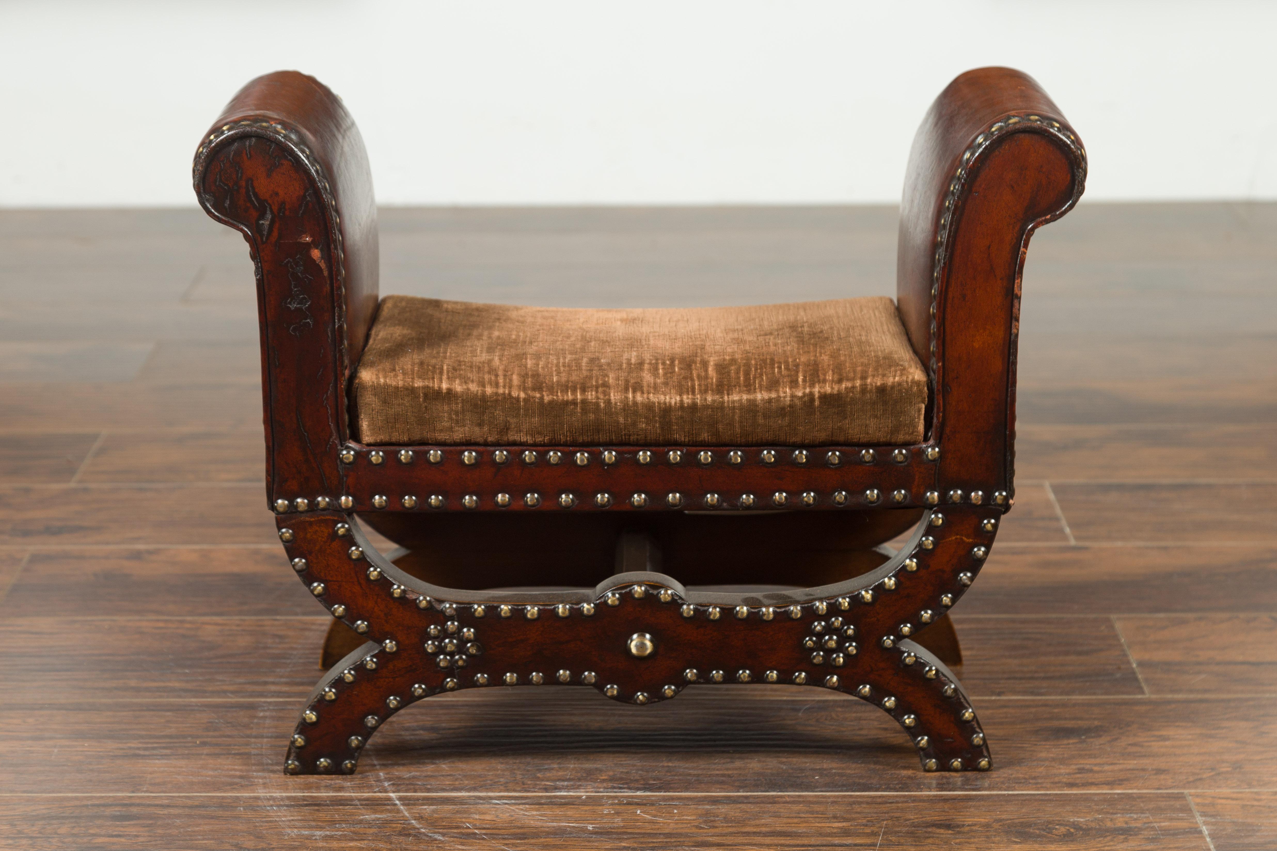 20th Century Petite English 1920s X-Form Leather Stool with Out-Scrolling Arms and Nailheads For Sale
