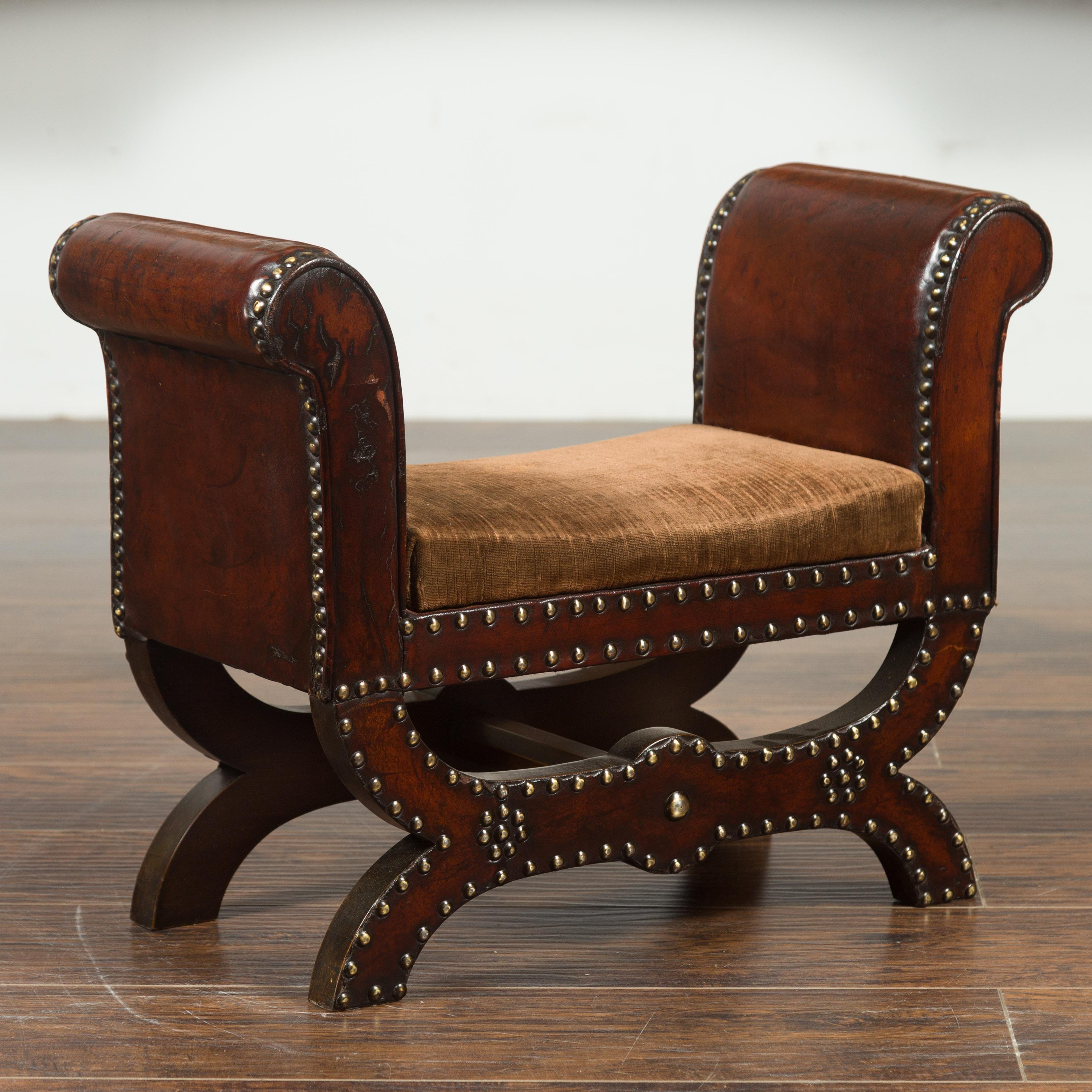 Metal Petite English 1920s X-Form Leather Stool with Out-Scrolling Arms and Nailheads For Sale
