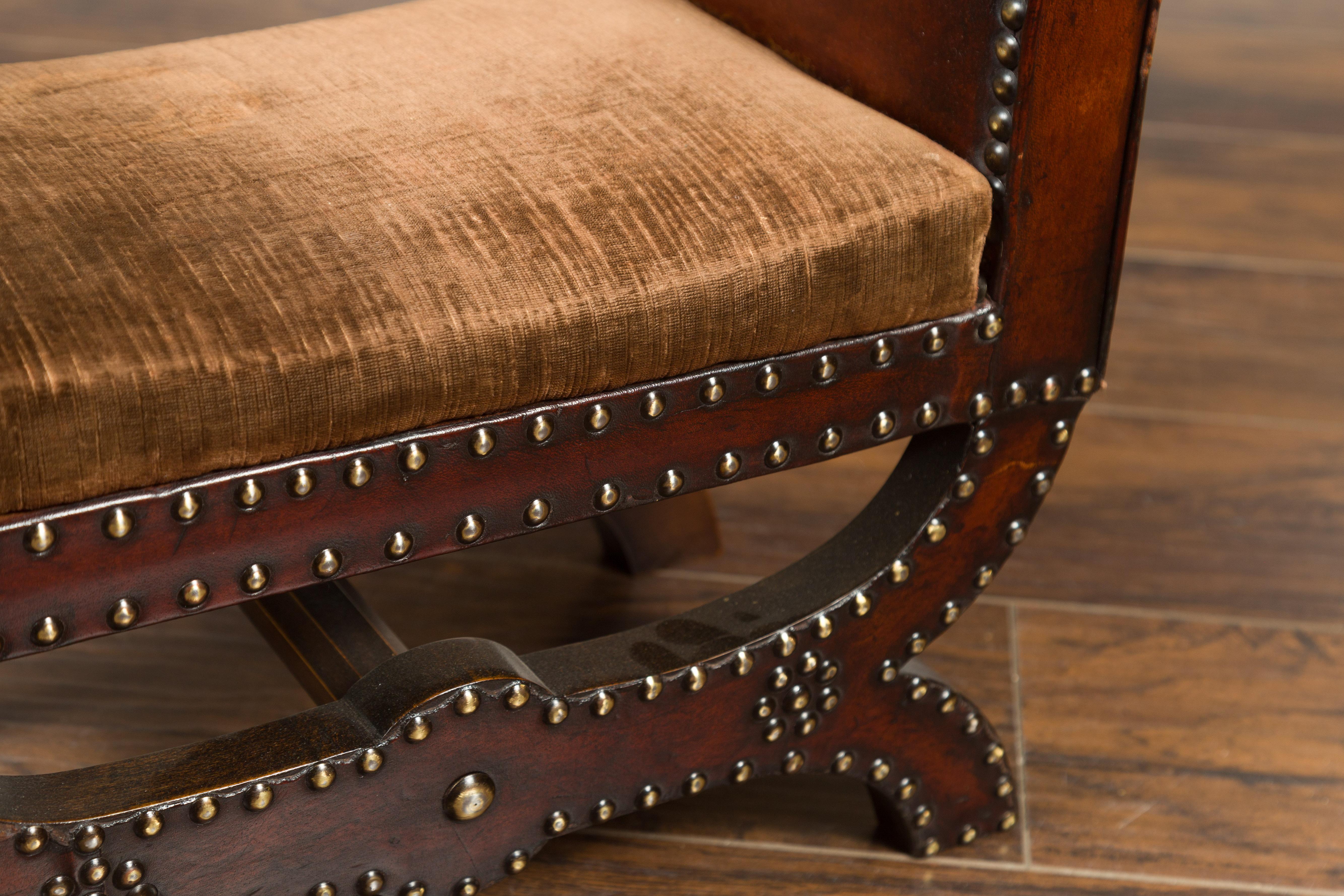 Petite English 1920s X-Form Leather Stool with Out-Scrolling Arms and Nailheads For Sale 3