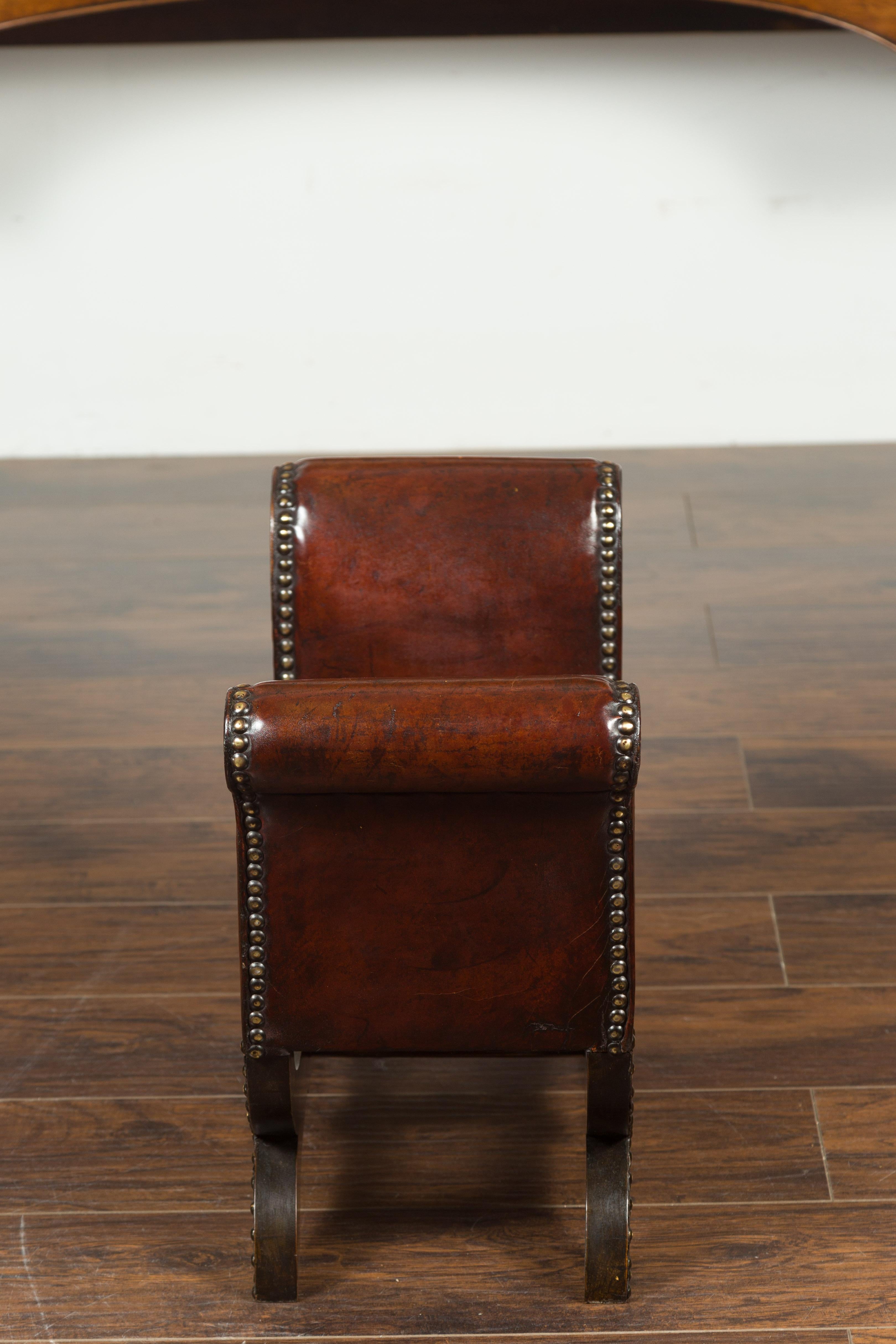 Petite English 1920s X-Form Leather Stool with Out-Scrolling Arms and Nailheads For Sale 3