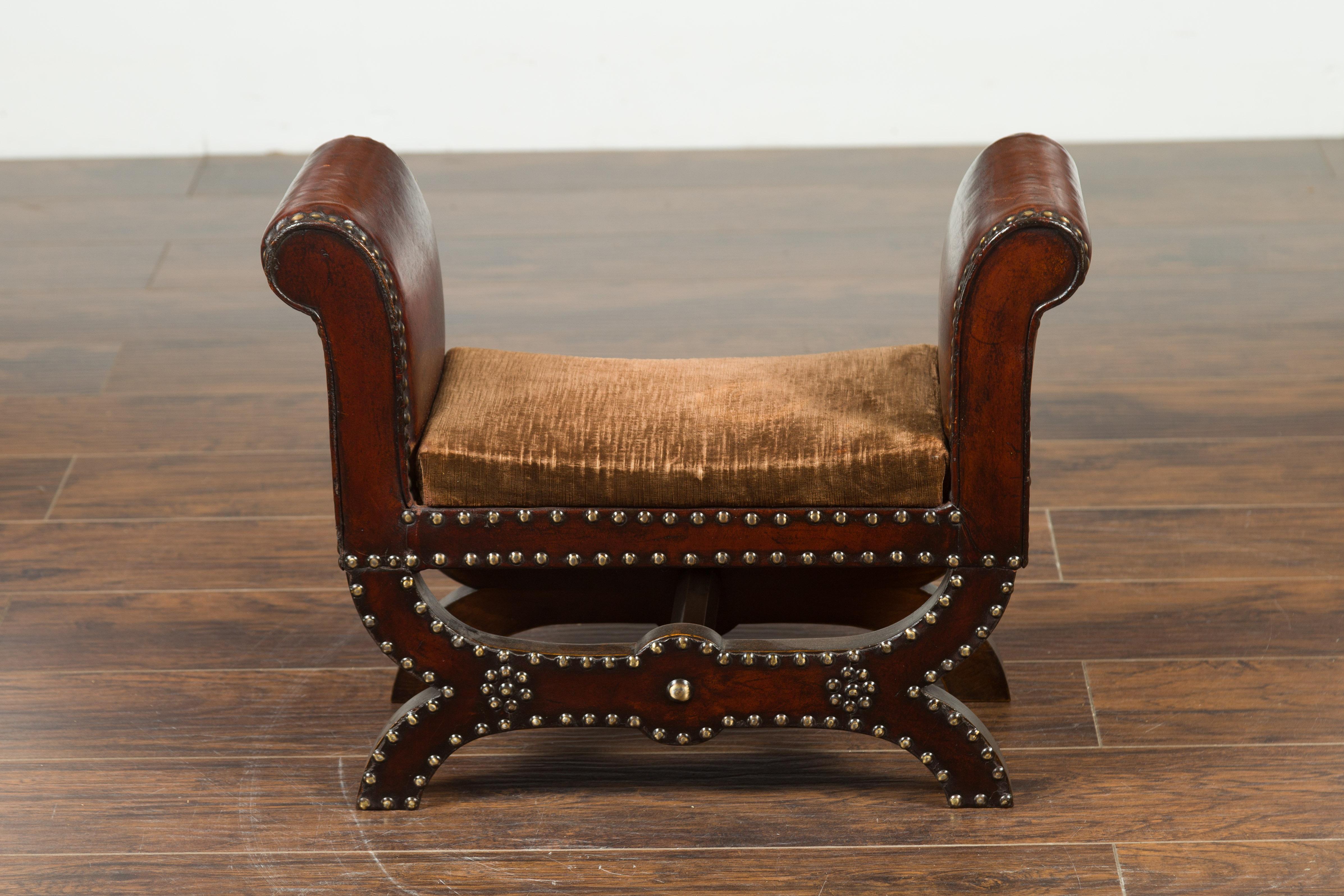 Petite English 1920s X-Form Leather Stool with Out-Scrolling Arms and Nailheads For Sale 5