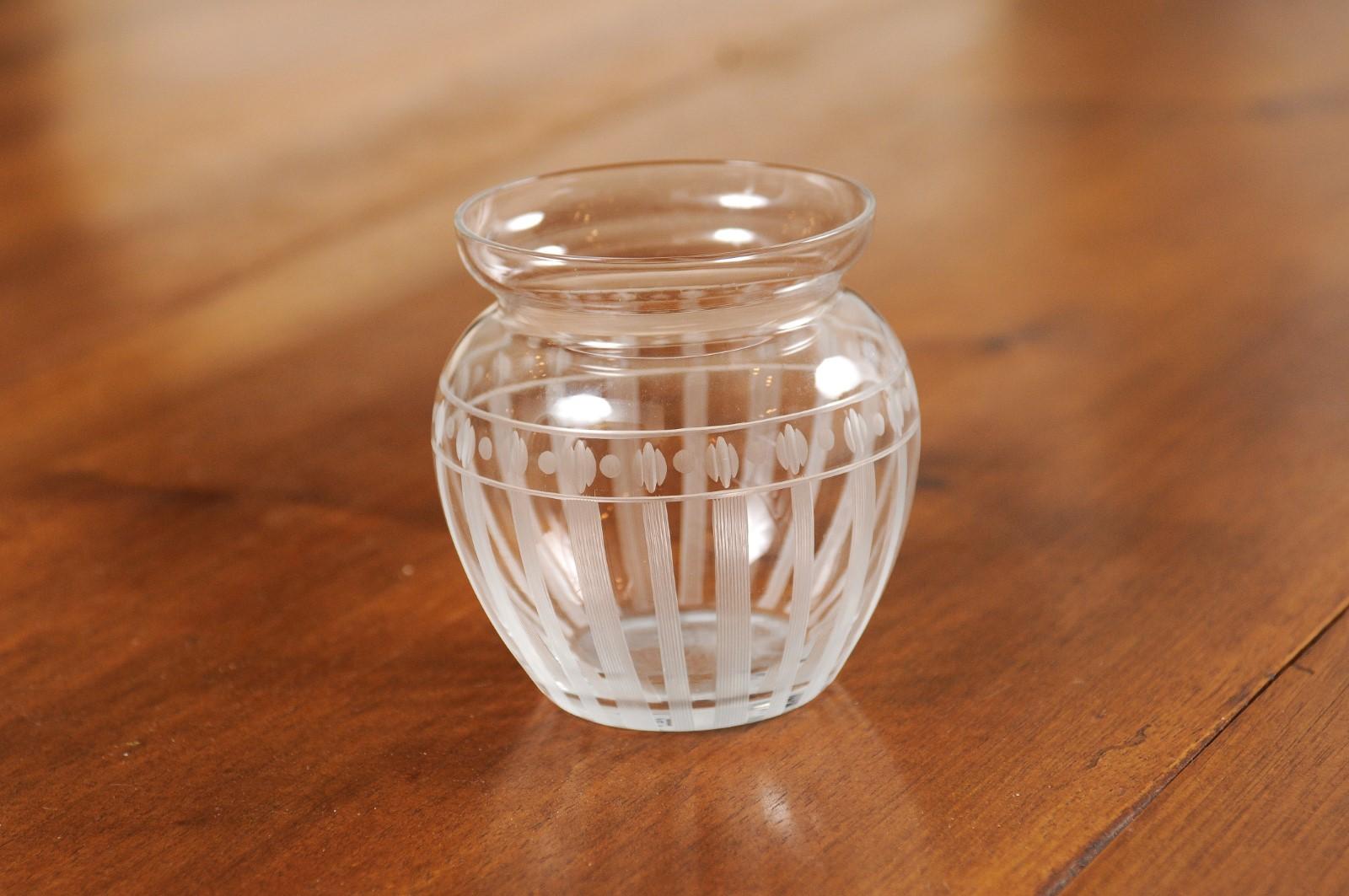 Petite English 20th Century Glass Bulbous Container with Etched Motifs In Good Condition For Sale In Atlanta, GA