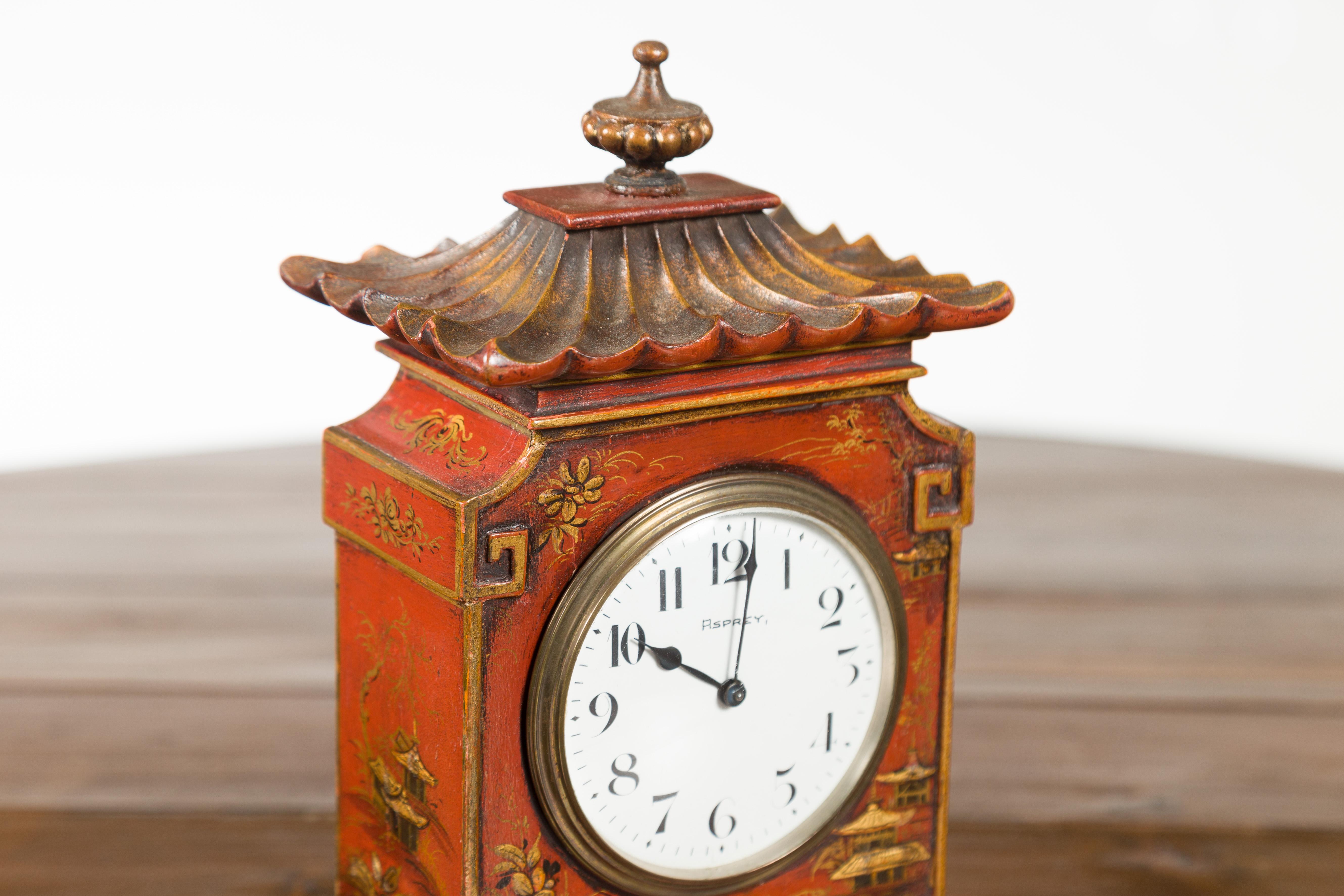 Petite English Asprey London 1930s Painted Wood Chinoiserie Mantel Clock 4