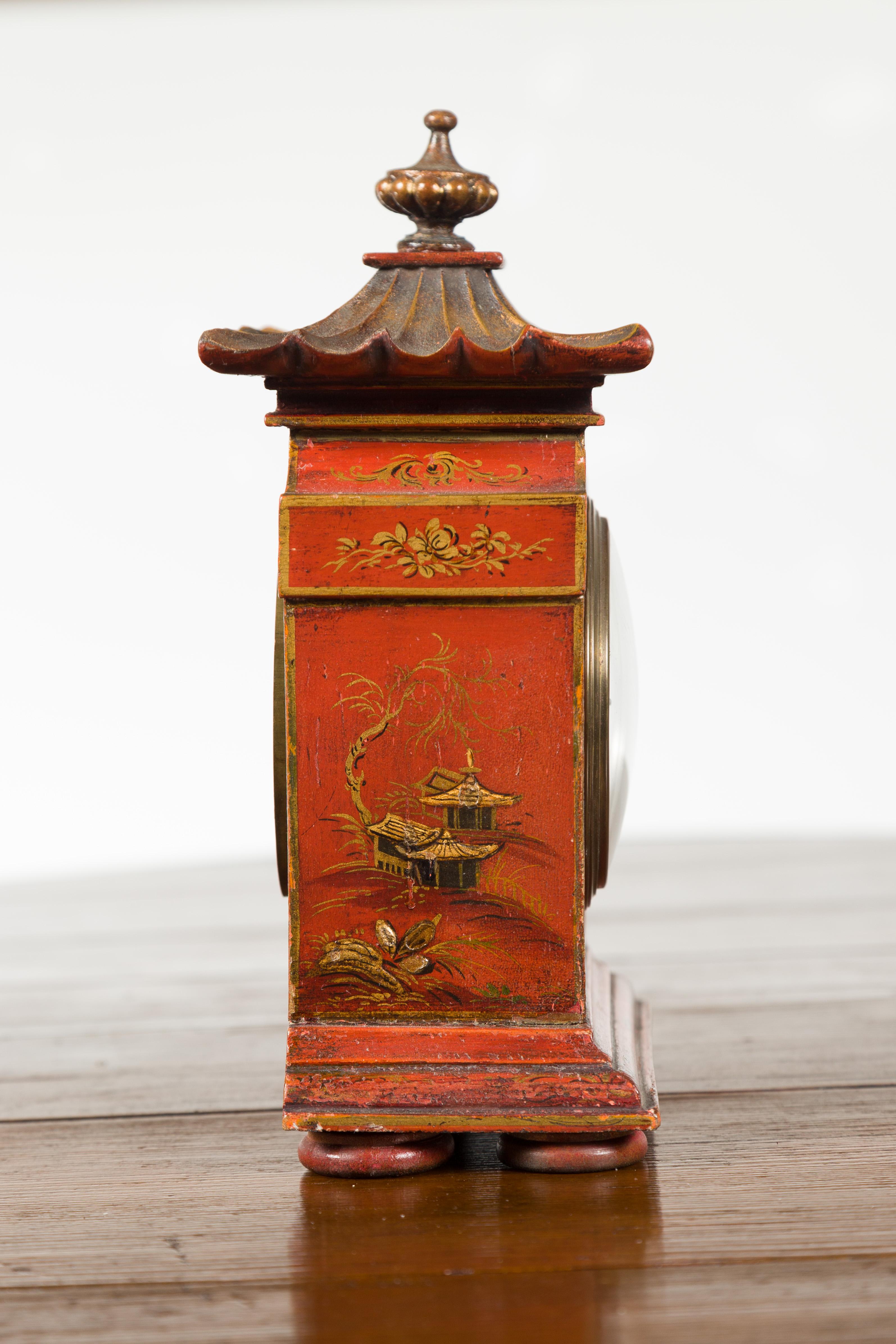 Petite English Asprey London 1930s Painted Wood Chinoiserie Mantel Clock 6