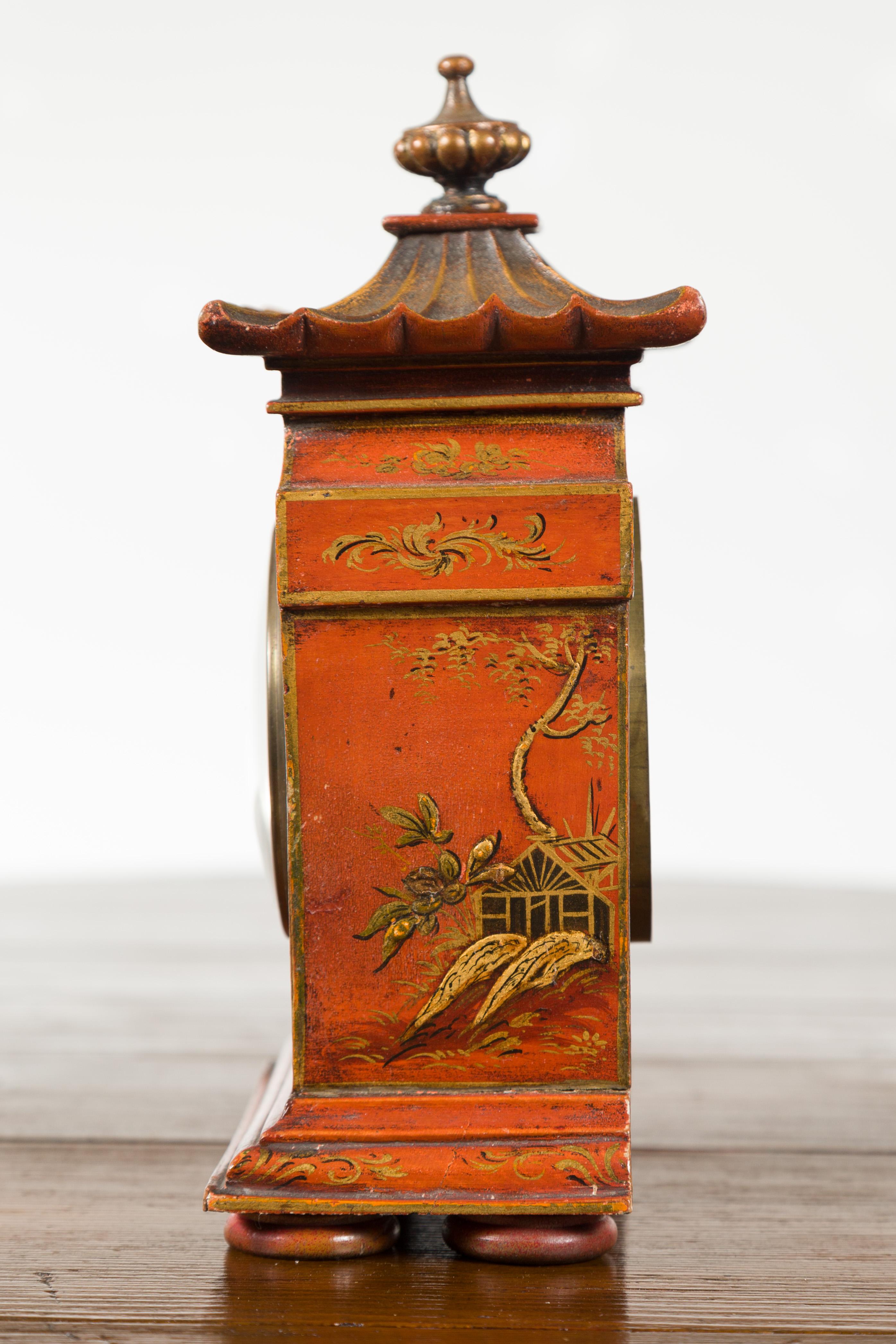 Petite English Asprey London 1930s Painted Wood Chinoiserie Mantel Clock 8