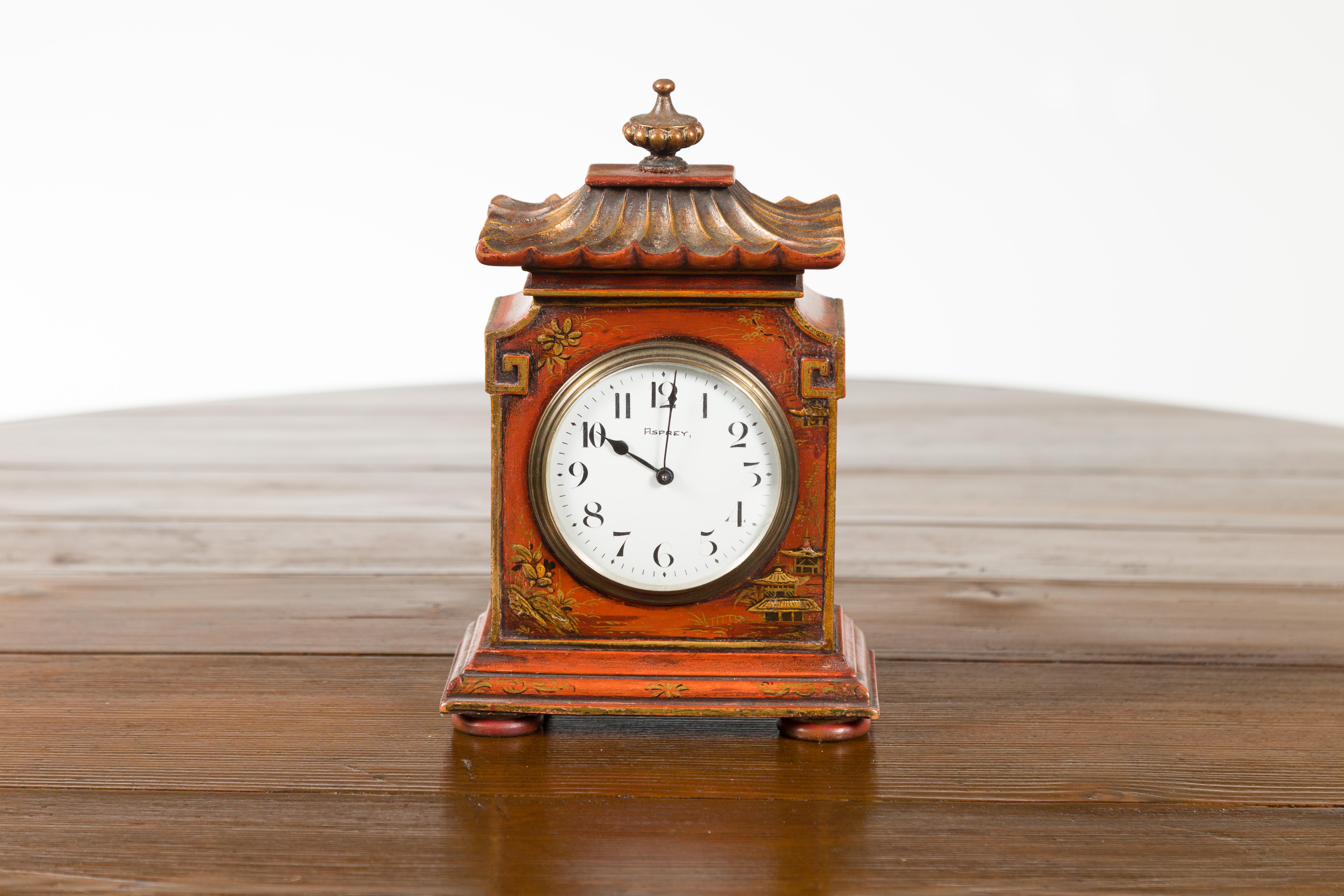 Petite English Asprey London 1930s Painted Wood Chinoiserie Mantel Clock In Good Condition In Atlanta, GA