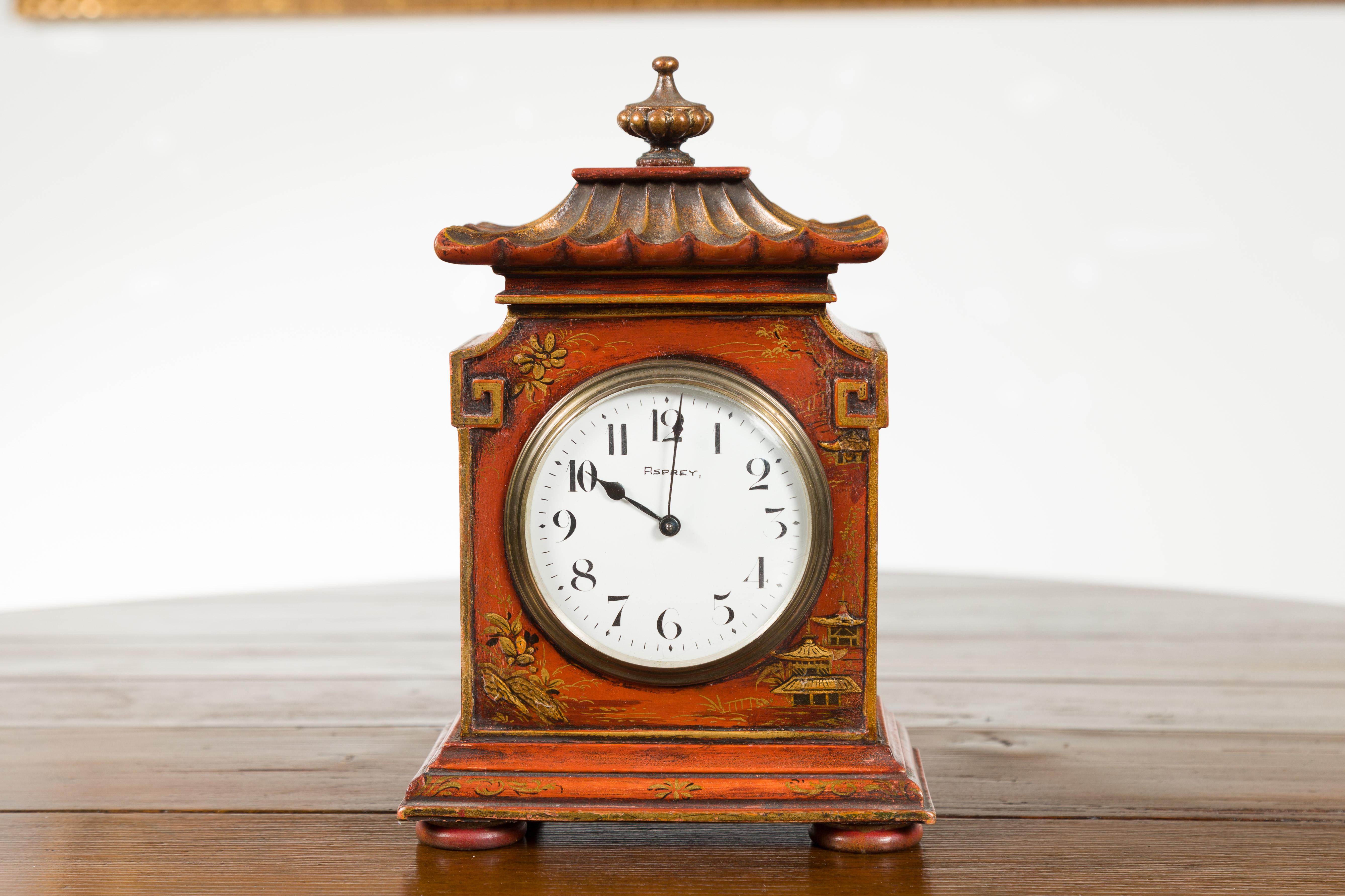 Glass Petite English Asprey London 1930s Painted Wood Chinoiserie Mantel Clock