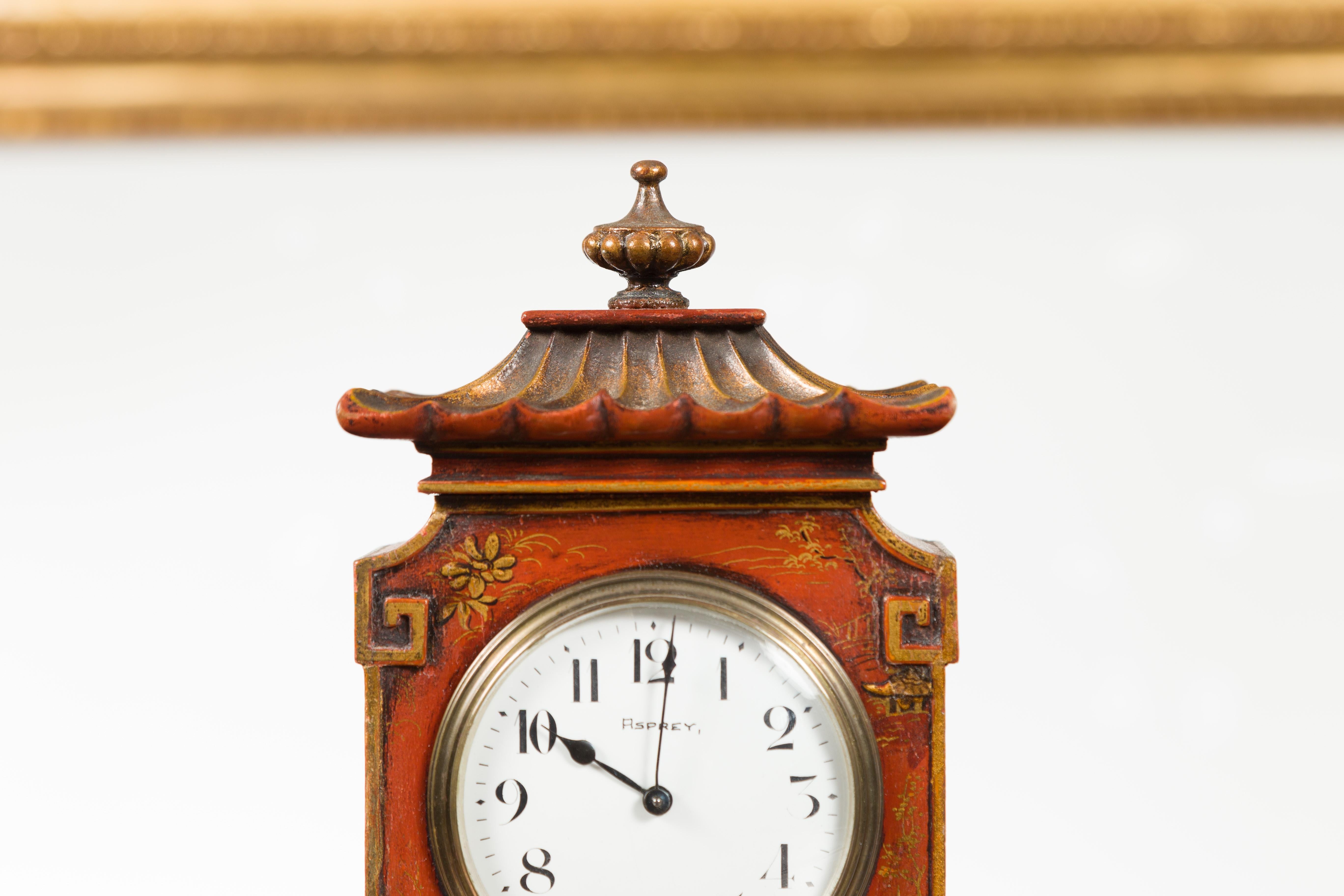 Petite English Asprey London 1930s Painted Wood Chinoiserie Mantel Clock 1