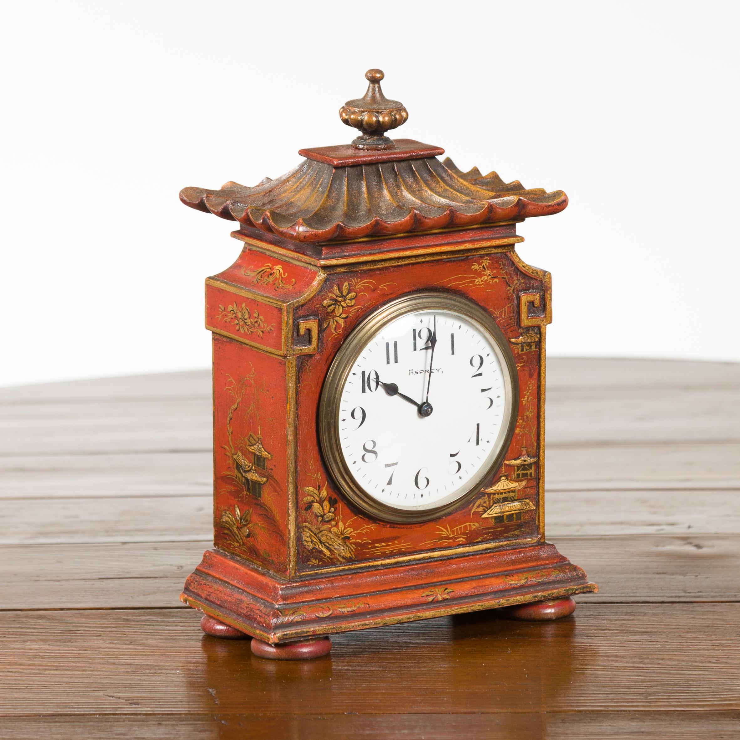 Petite English Asprey London 1930s Painted Wood Chinoiserie Mantel Clock 3