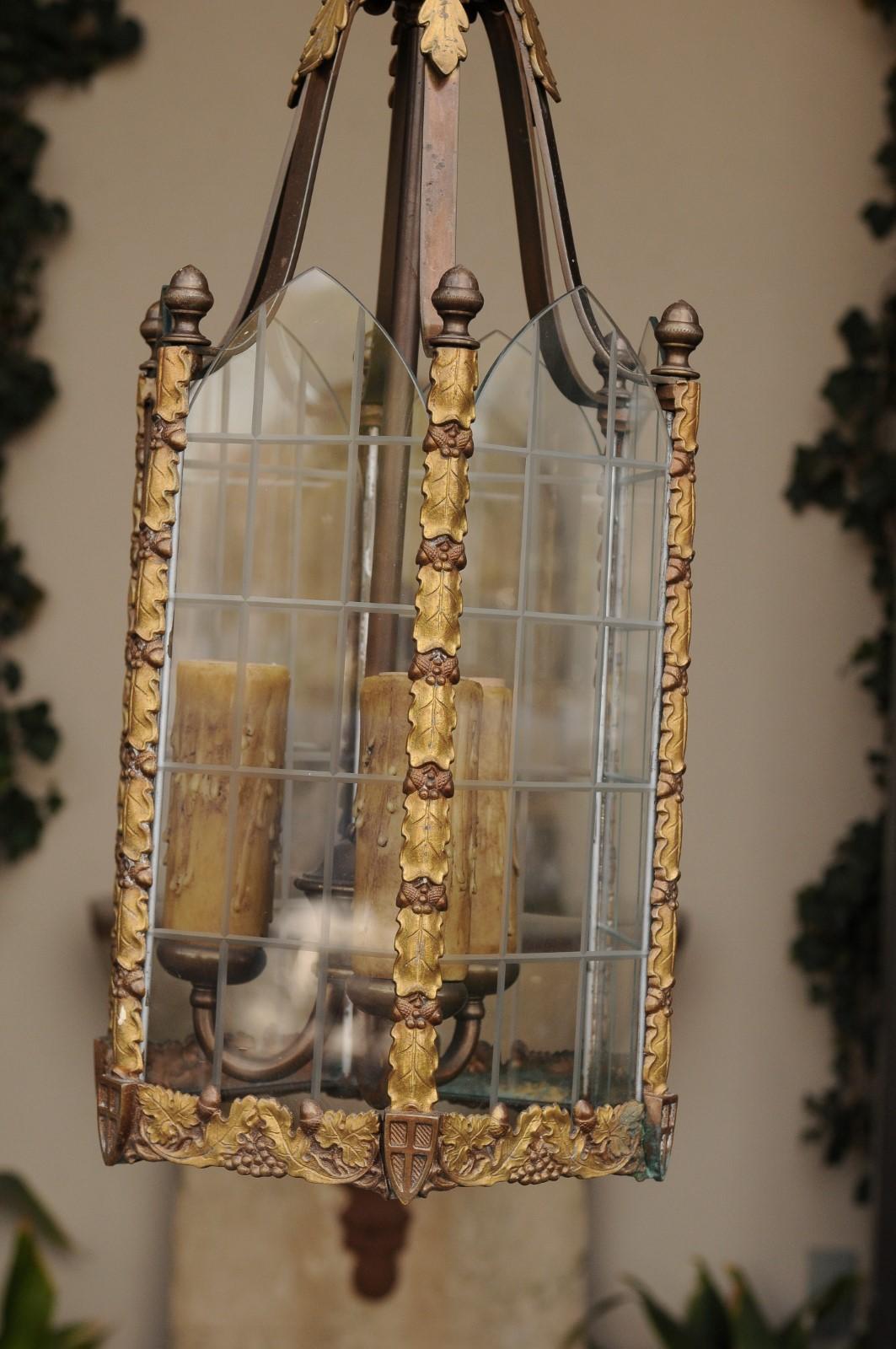 Petite English Edwardian Gothic Revival Bronze Lantern with Glass Panels, 1900s 6