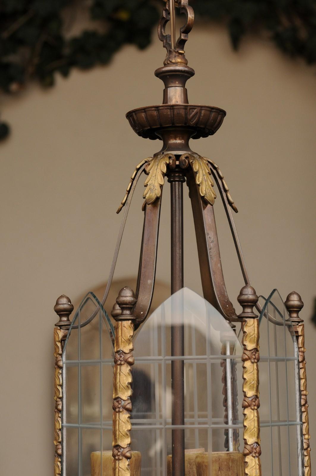 Metal Petite English Edwardian Gothic Revival Bronze Lantern with Glass Panels, 1900s
