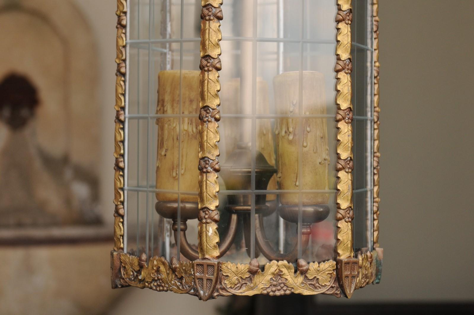 Petite English Edwardian Gothic Revival Bronze Lantern with Glass Panels, 1900s 1