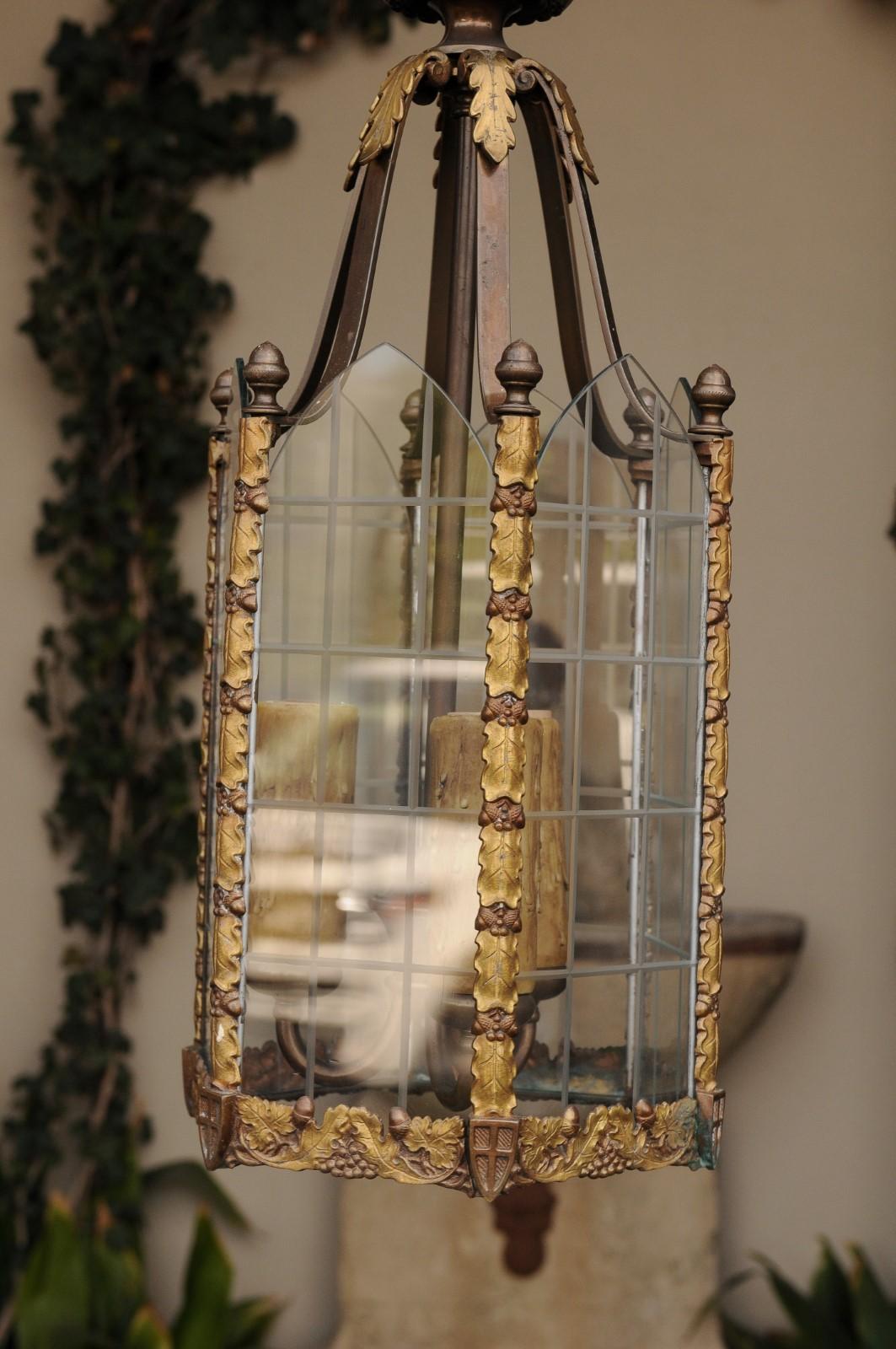 Petite English Edwardian Gothic Revival Bronze Lantern with Glass Panels, 1900s 4