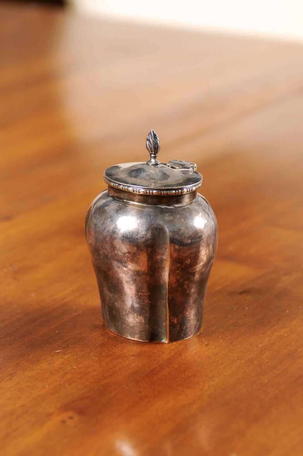 Petite English Electroplated Nickel on Silver Lidded Container with Flame Finial For Sale 5